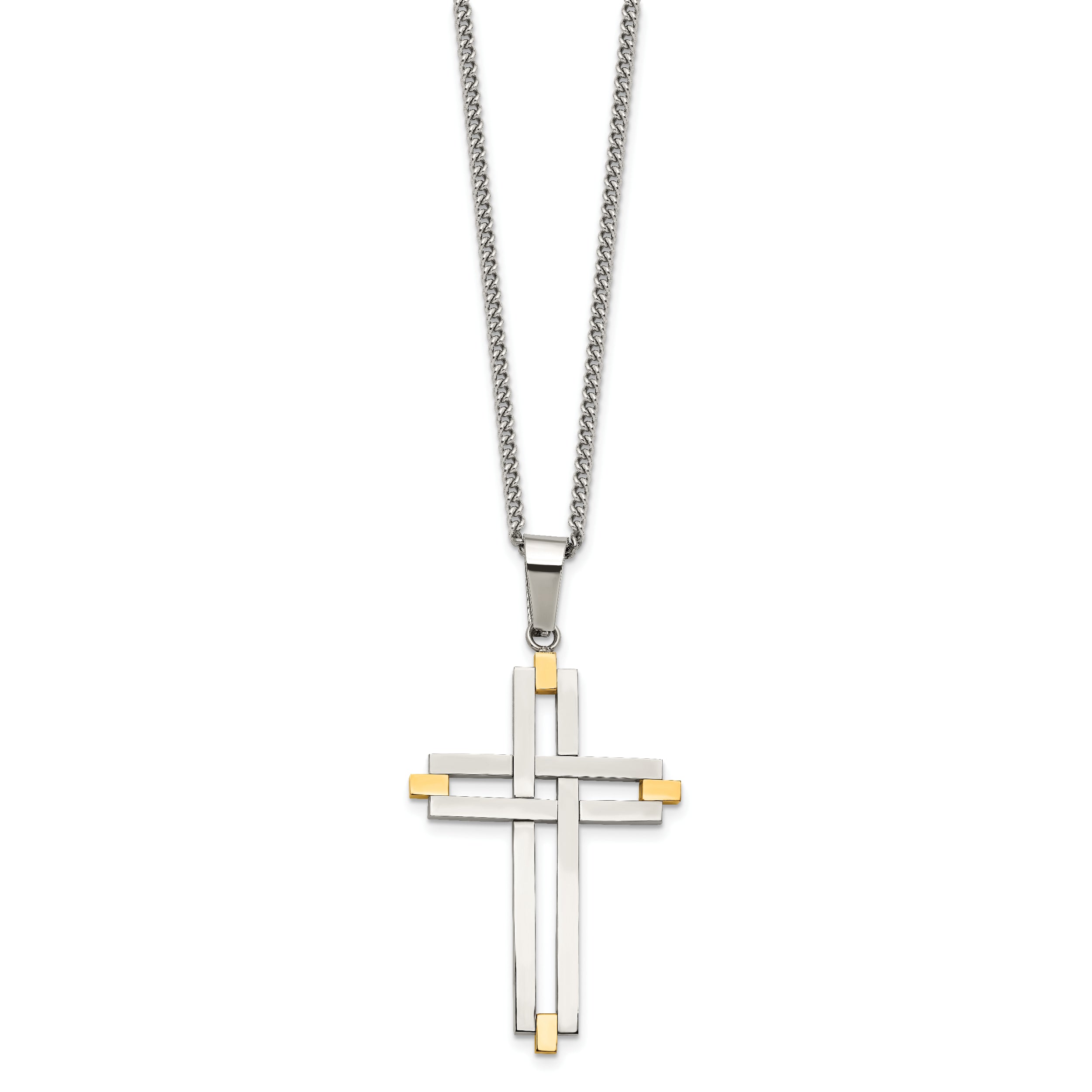 Chisel Stainless Steel Polished Yellow IP-plated Cross Pendant on a 22 inch Curb Chain Necklace