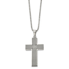 Chisel Stainless Steel Polished Black IP-plated 1/20 carat Black Diamond Striped Cross Pendant on a 22 inch Ball Chain Necklace