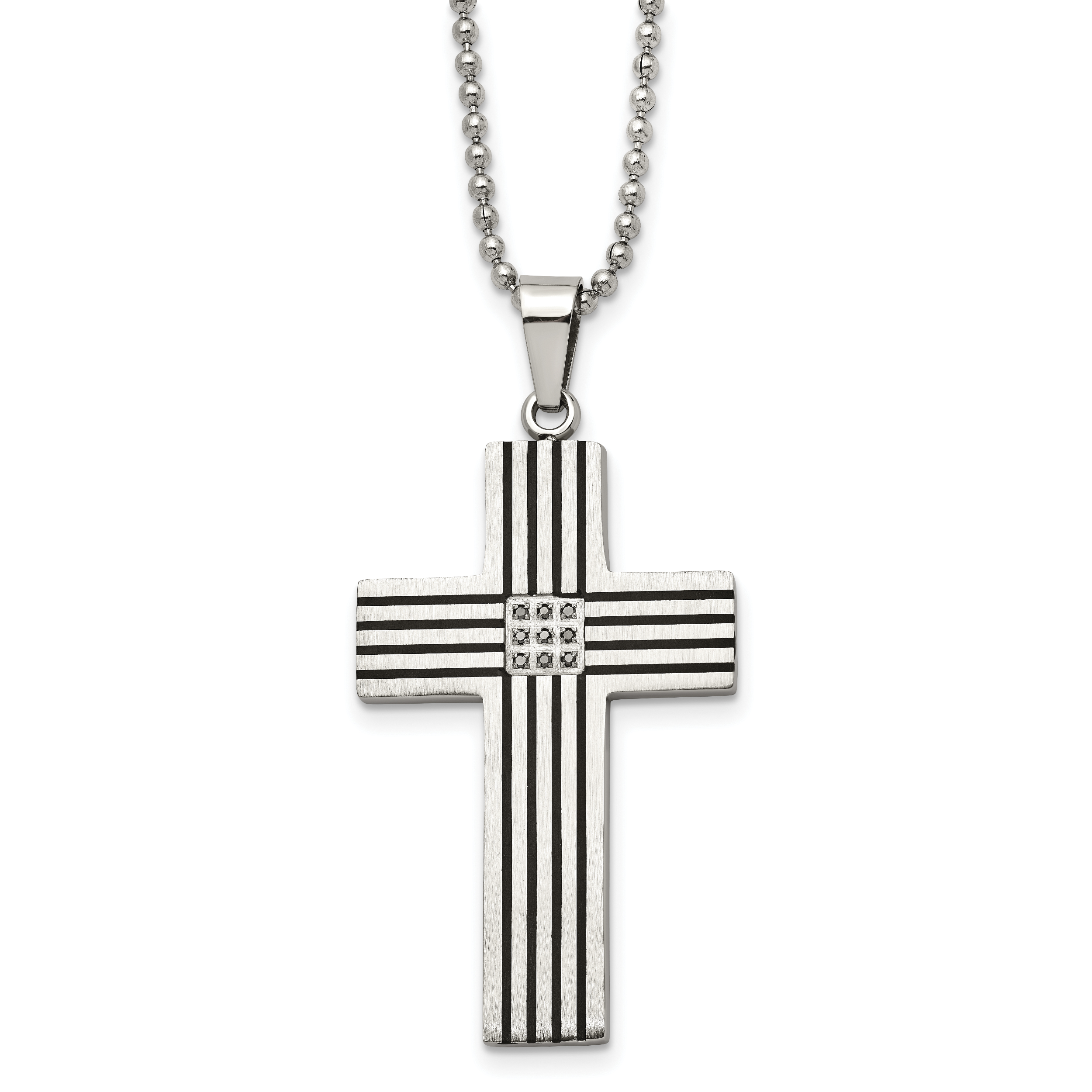 Chisel Stainless Steel Polished Black IP-plated 1/20 carat Black Diamond Striped Cross Pendant on a 22 inch Ball Chain Necklace Main image