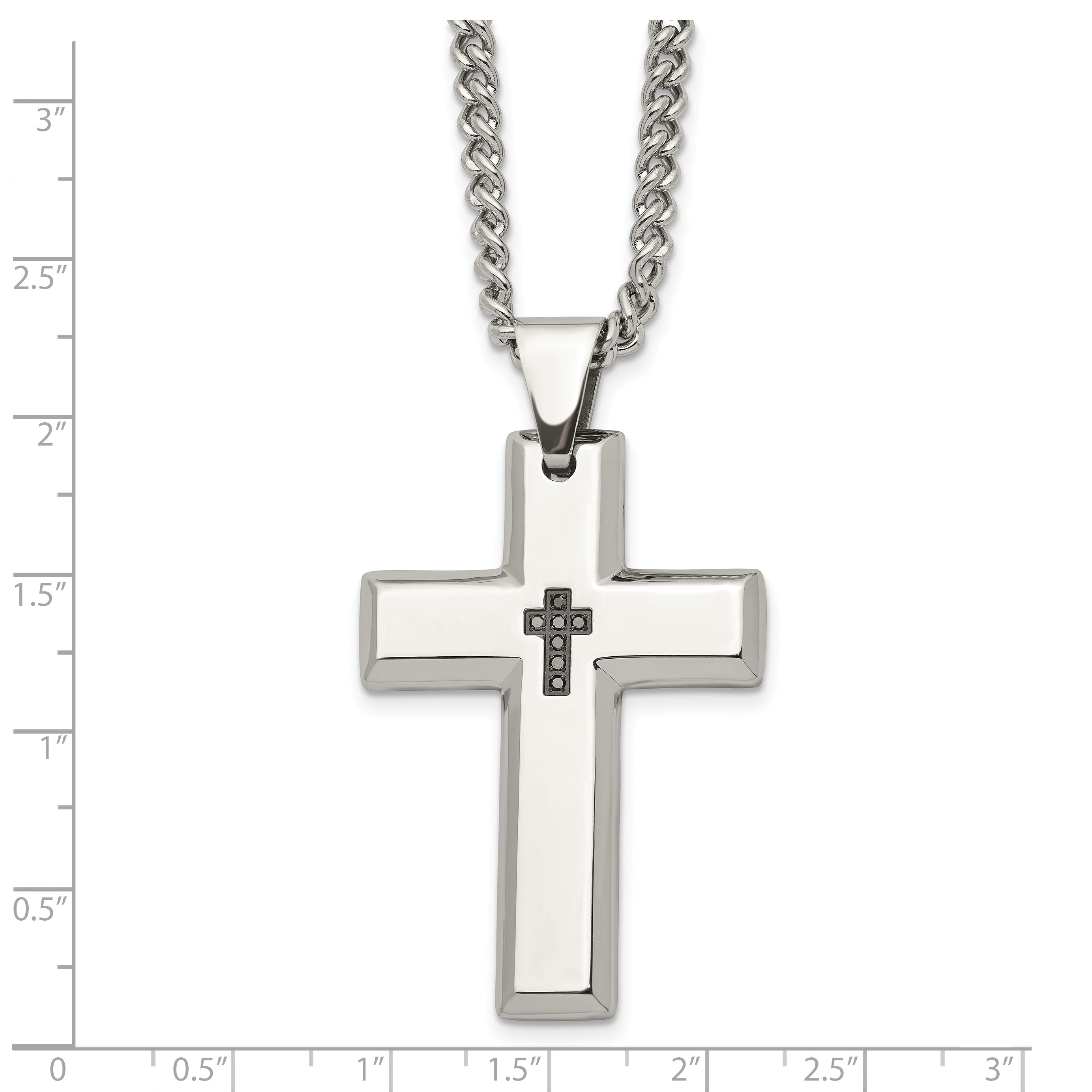 Chisel Stainless Steel Polished 1/10 carat Black Diamond Cross Pendant on a 22 inch Curb Chain Necklace