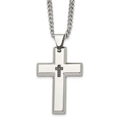 Chisel Stainless Steel Polished 1/10 carat Black Diamond Cross Pendant on a 22 inch Curb Chain Necklace