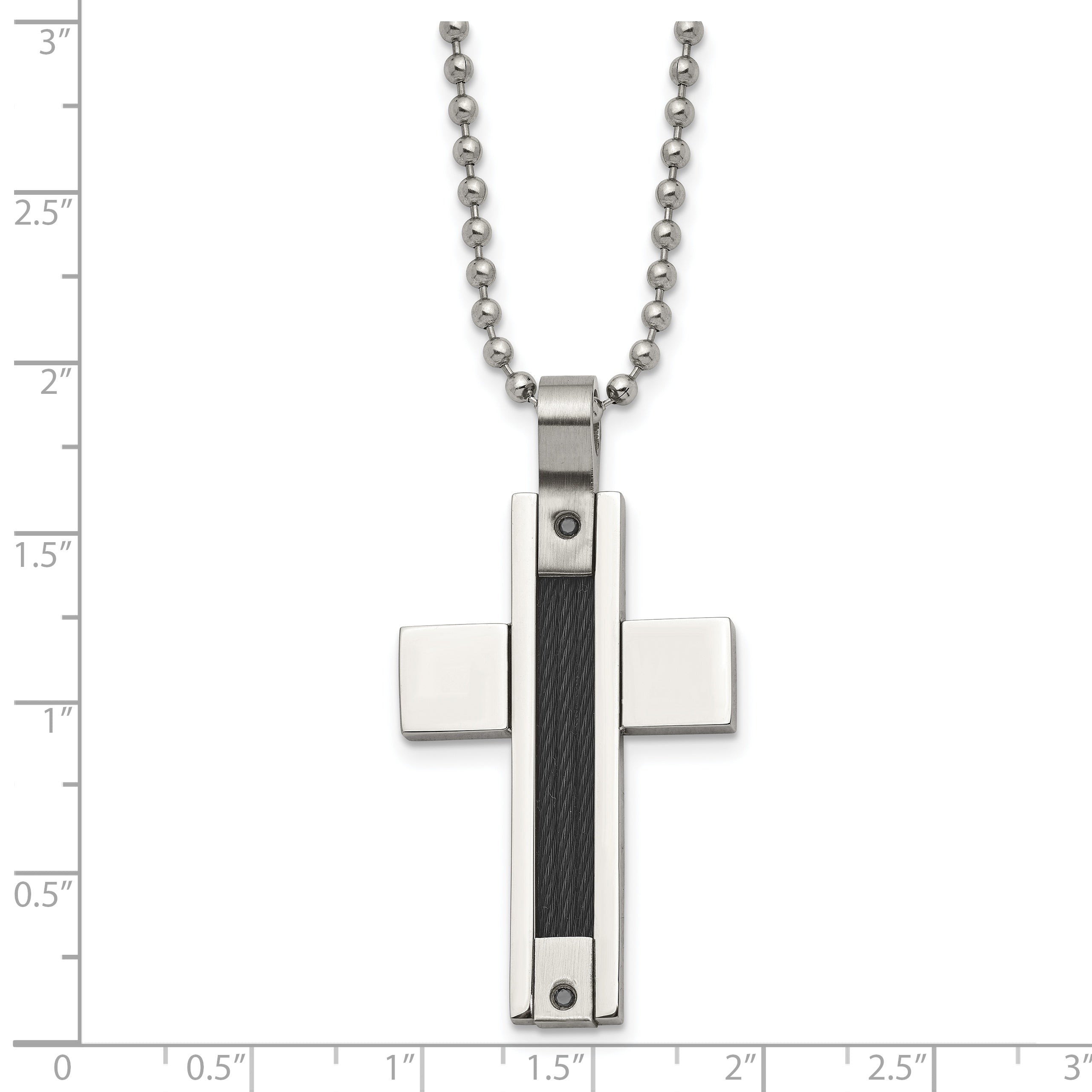 Chisel Stainless Steel Polished Black IP-plated Cable 1/20 carat Black Diamond Cross Pendant ona 24 inch Ball Chain Necklace