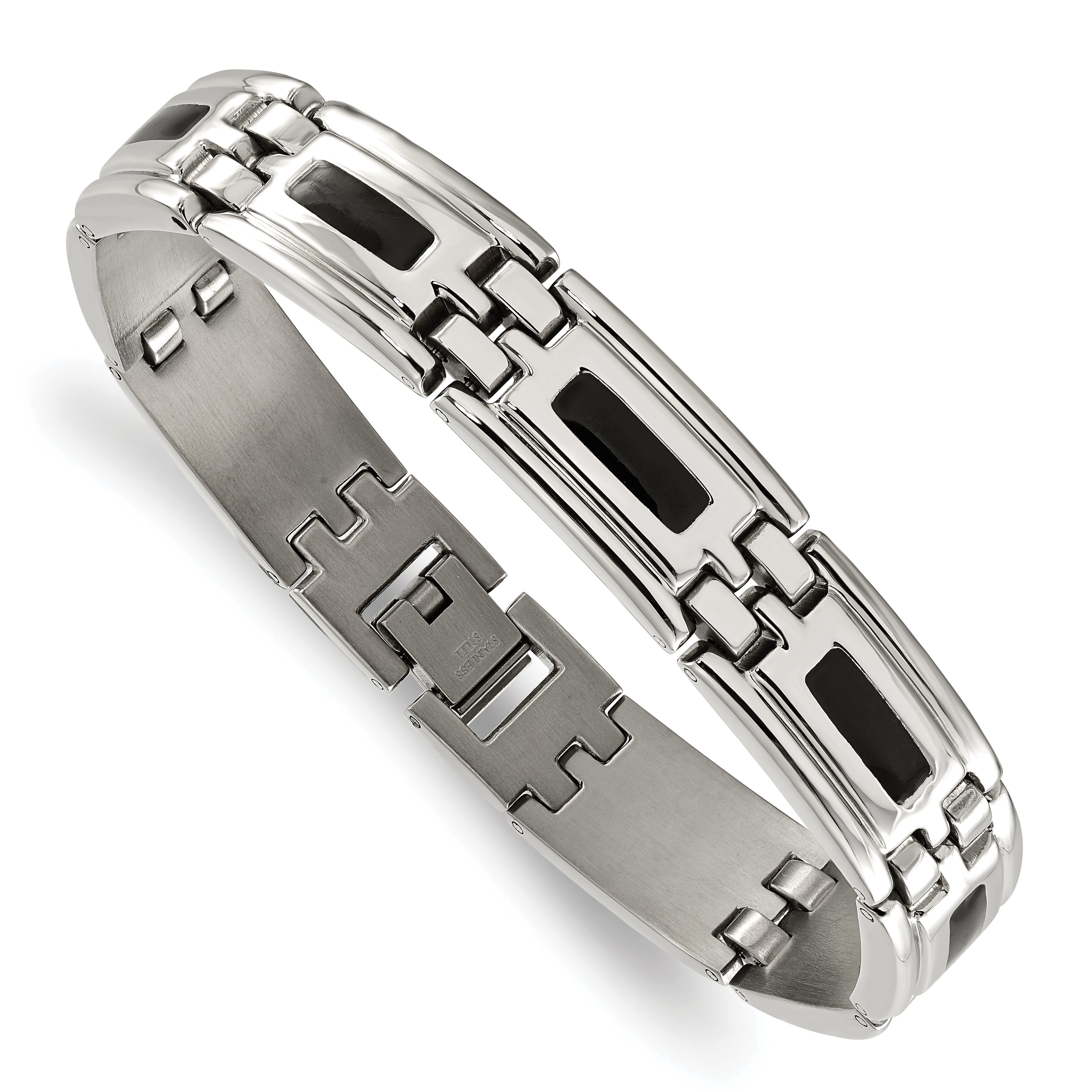 Stainless Steel Men's Jewelry Set with Black Enamel Polished Finish