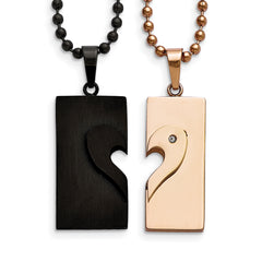 Chisel Stainless Steel Polished Black and Rose IP-plated Heart Pendants on 22 inch Ball Chain Necklace Set