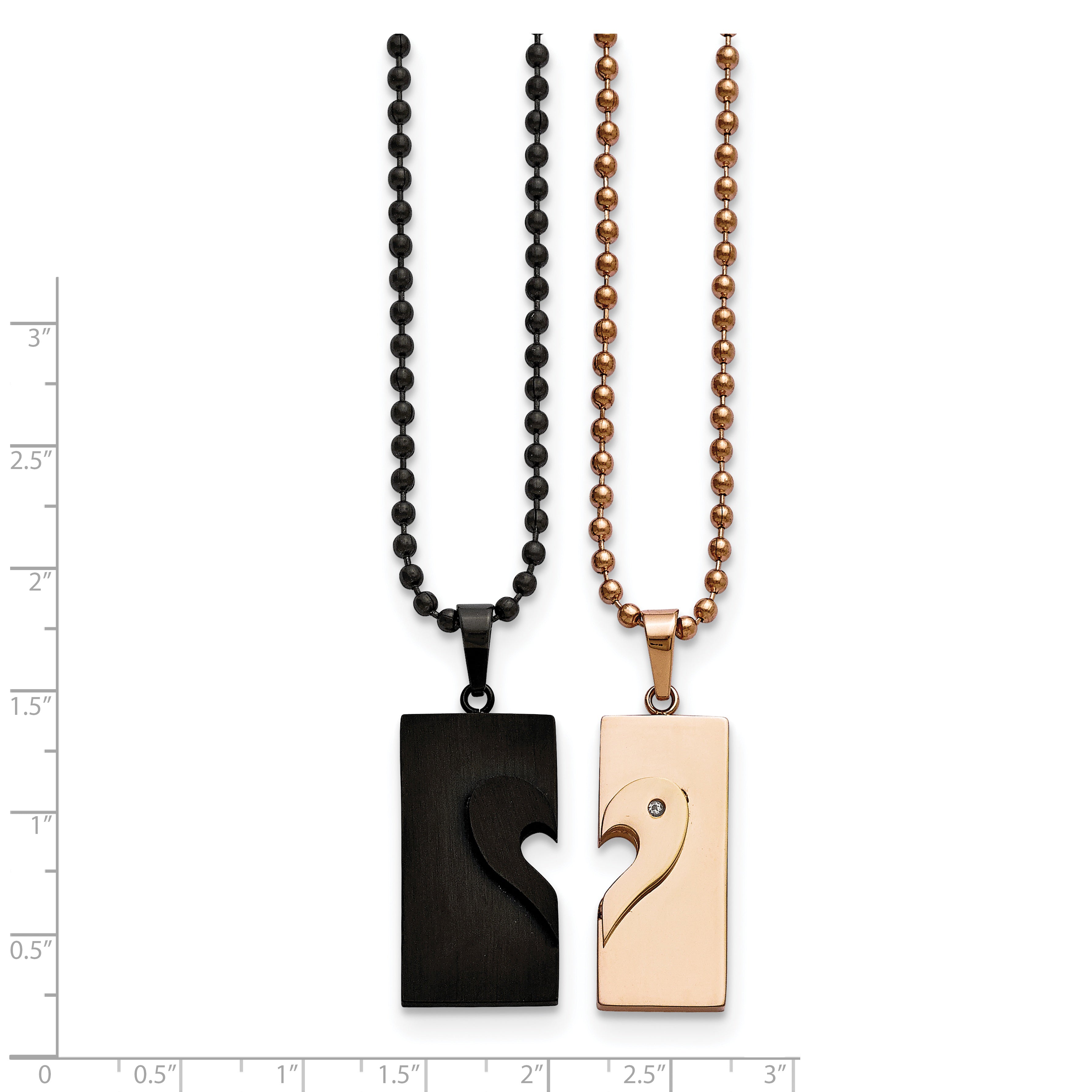 Chisel Stainless Steel Polished Black and Rose IP-plated Heart Pendants on 22 inch Ball Chain Necklace Set
