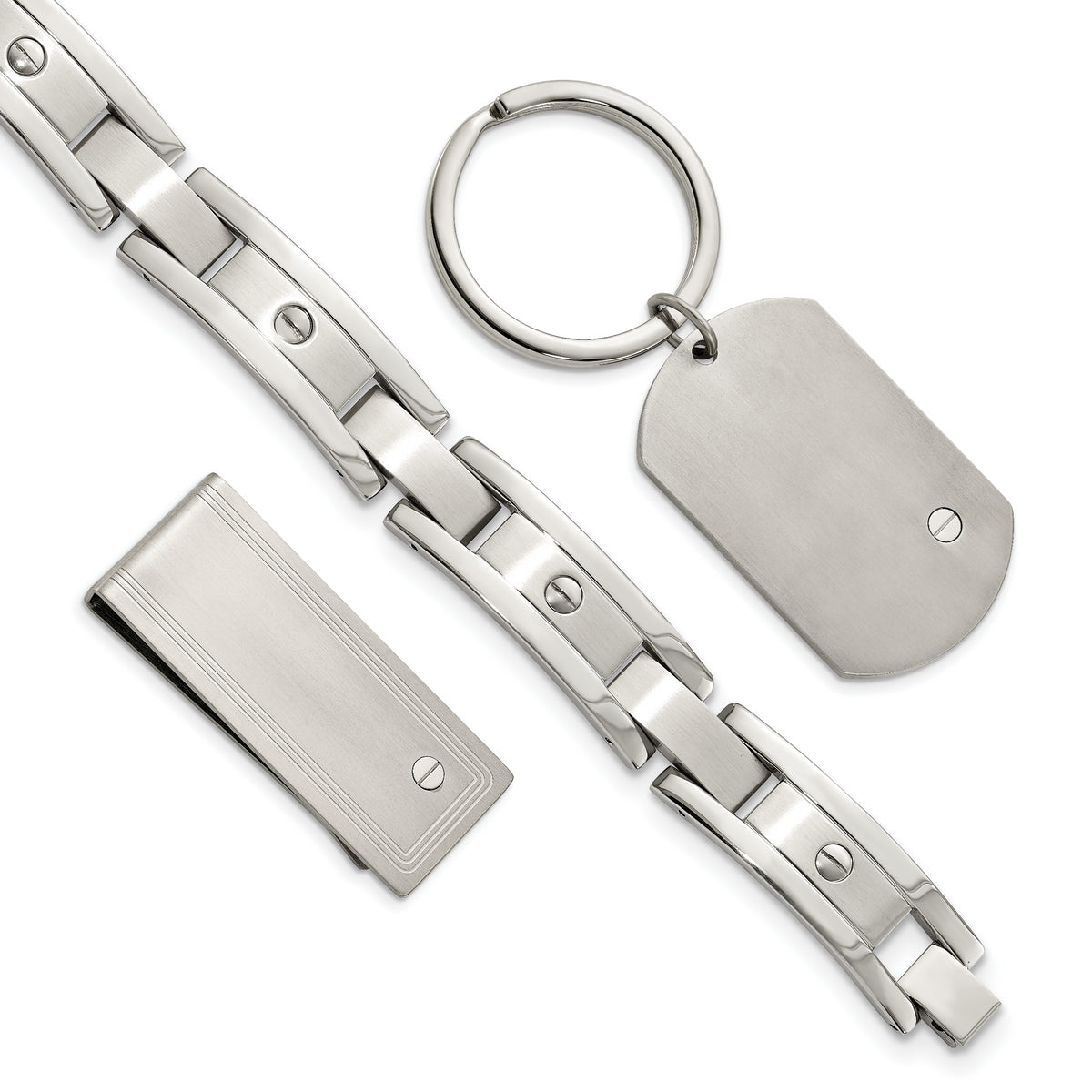 Chisel Stainless Steel Brushed and Polished 8.25 inch Bracelet, Money Clip and Key Ring Set