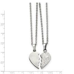 Chisel Stainless Steel 1/2 Heart Brushed and 1/2 Heart Crystal Pendants on 20 inch Cable Chain Necklace Set