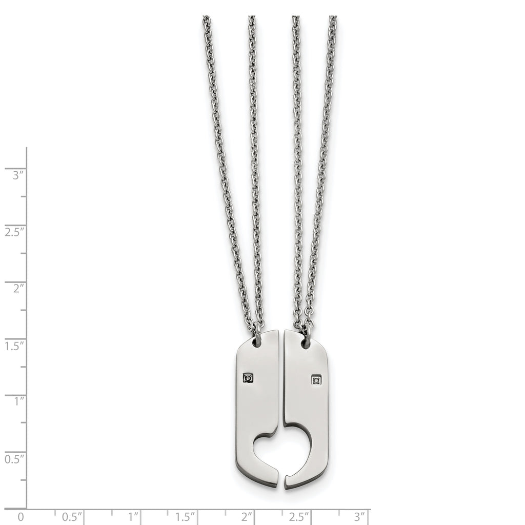 Split Hearts Dog Tag Necklace Set in Stainless Steel with CZ