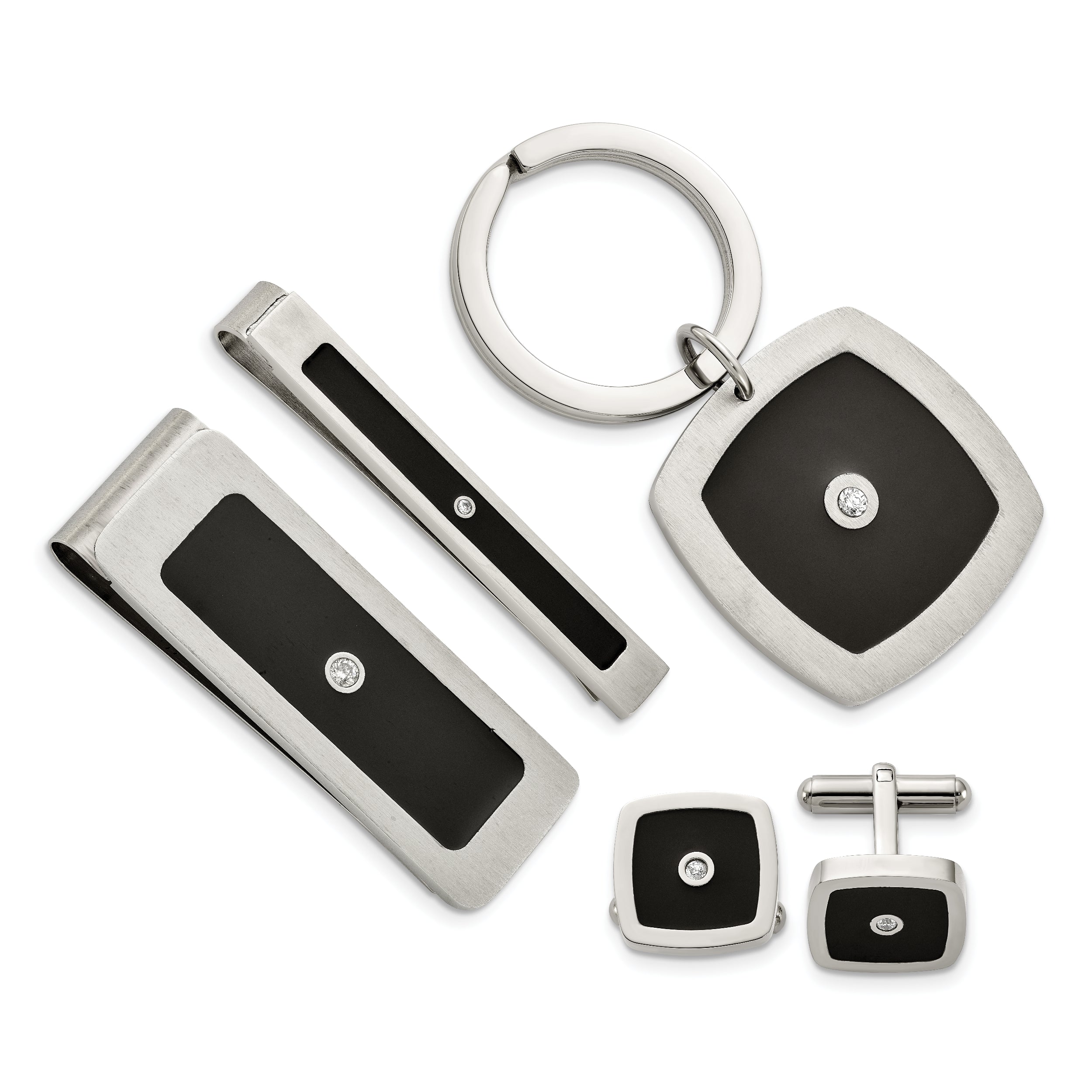 Chisel Stainless Steel Brushed and Polished Black Enamel and CZ Key Ring, Money Clip, Cuff Link and Tie Bar Boxed Set