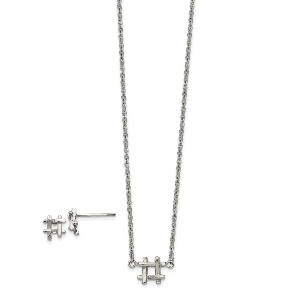 Stainless Steel Polished HashTag 16in w/2in ext. Necklace and Earring Set