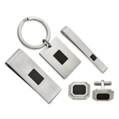 Chisel Stainless Steel Brushed Black Carbon Fiber Inlay 4-piece Key Ring, Money Clip, Cuff Link and Tie Bar Boxed Set