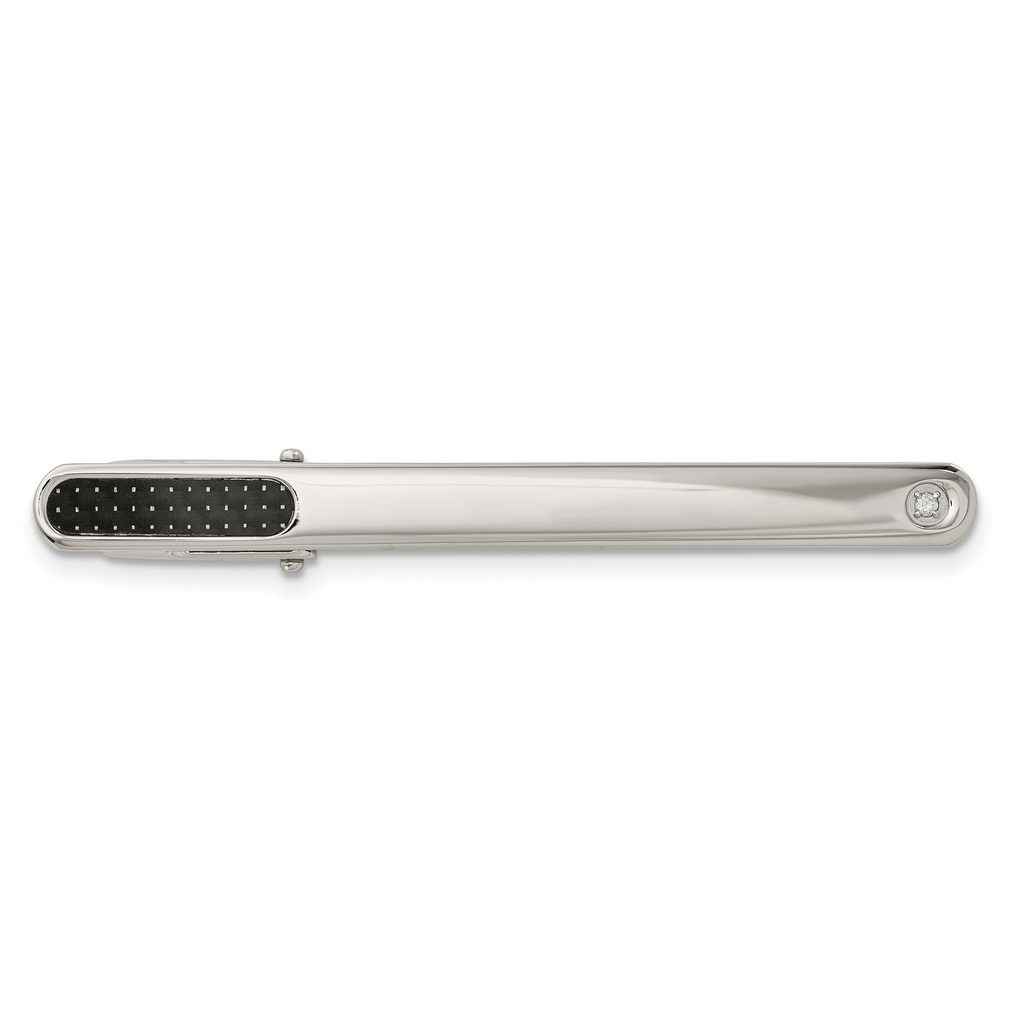 Chisel Stainless Steel Polished with Black Carbon Fiber .03 Carat Diamond Tie Bar