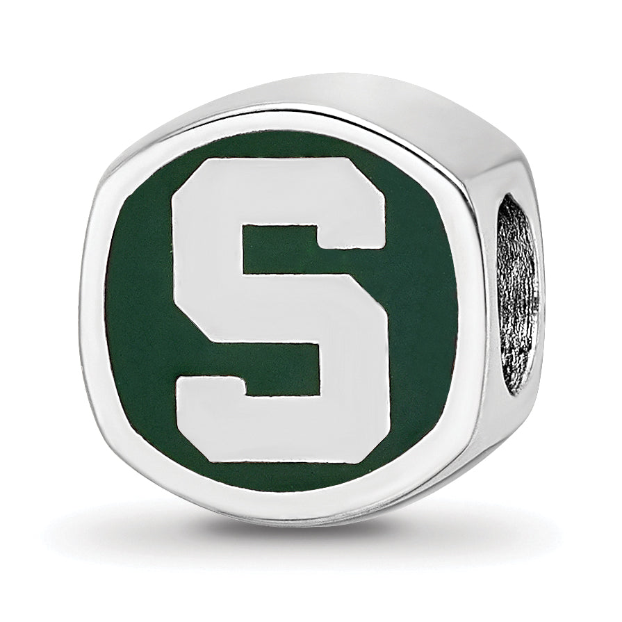 Sterling Silver Rhodium-plated LogoArt Michigan State University Enameled Double Logo Bead