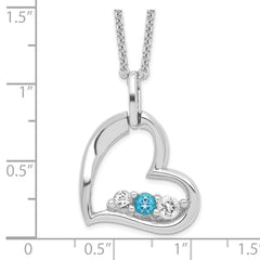 Sterling Silver Heart Necklace with Blue Swarovski Topaz and Rhodium Finish - 18