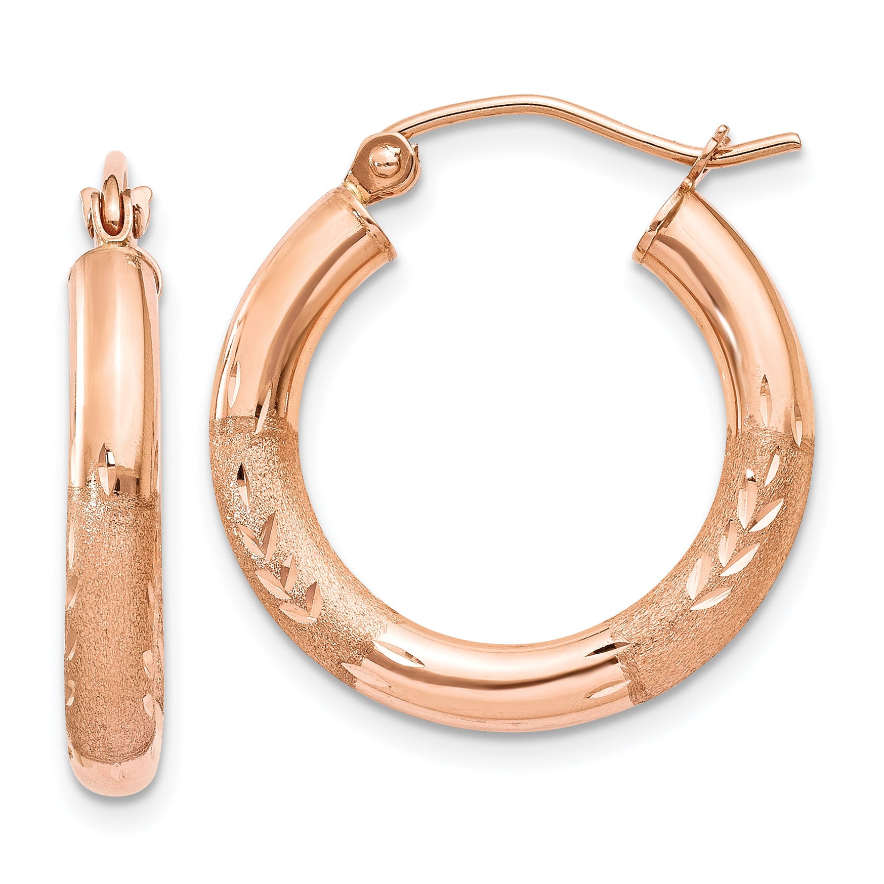 14k Rose Gold 3mm Satin and Diamond-cut Hoop Earrings Main image