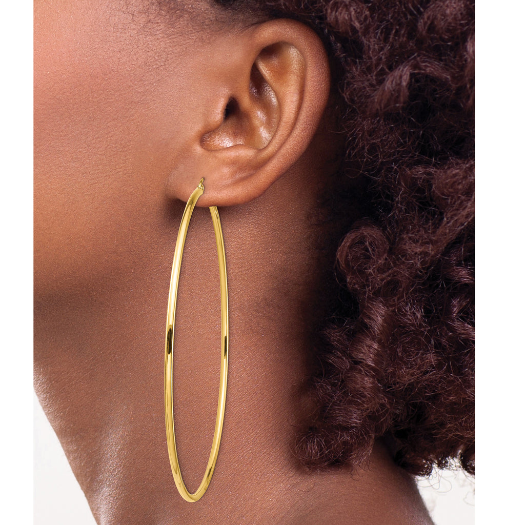 14k Polished 2x80mm Round Tube Hoop Earrings