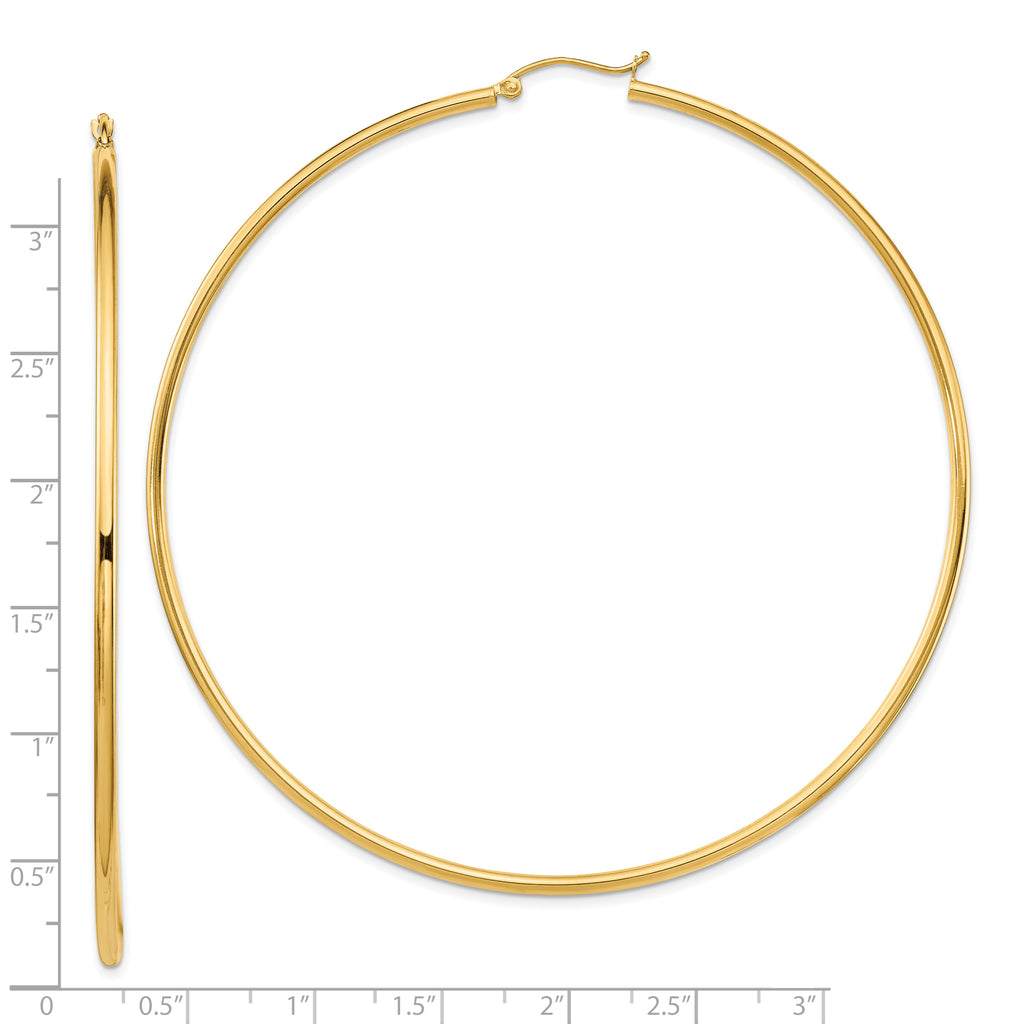 14k Polished 2x80mm Lightweight Round Tube Hoop Earrings
