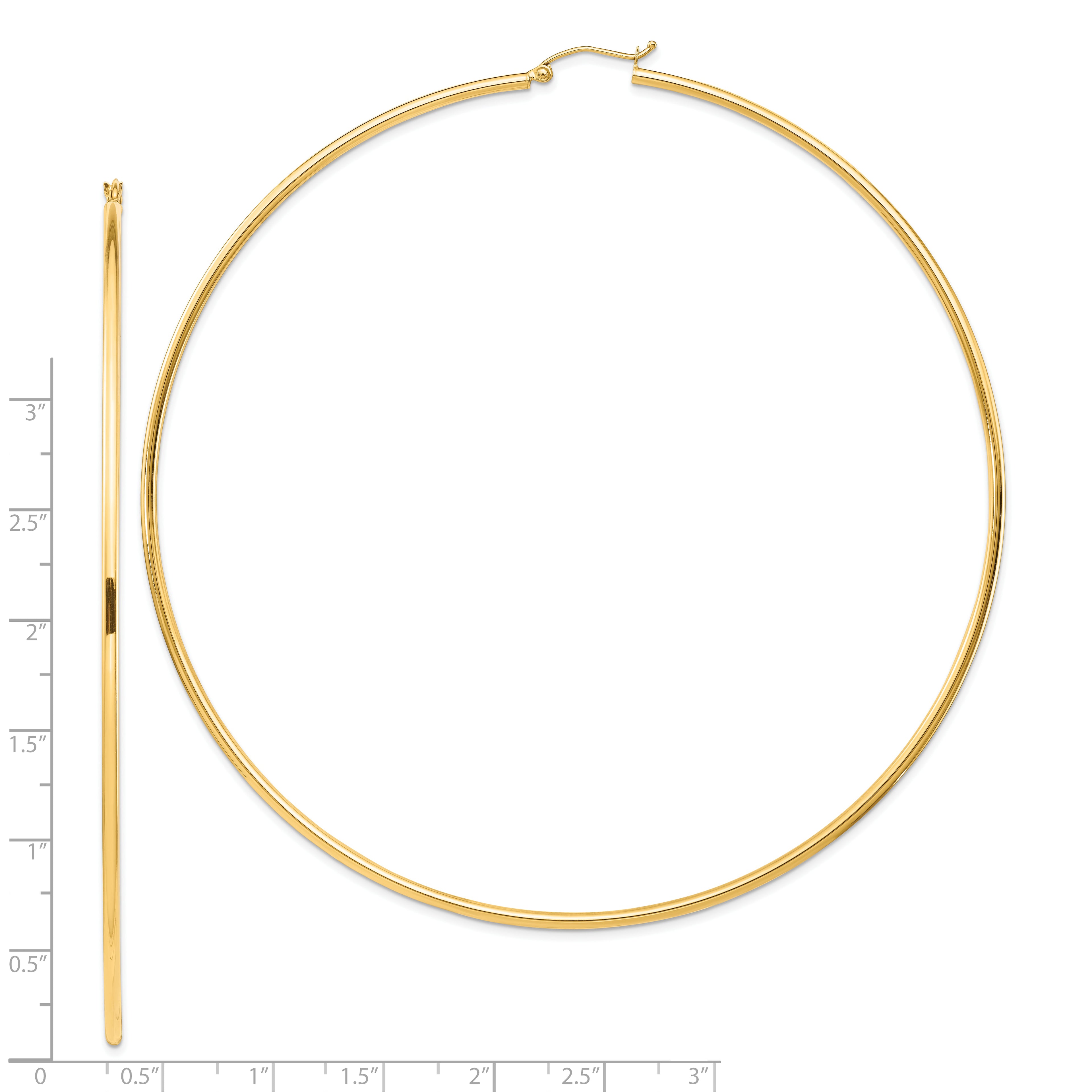 14k Polished 2x100mm Lightweight Round Tube Hoop Earrings