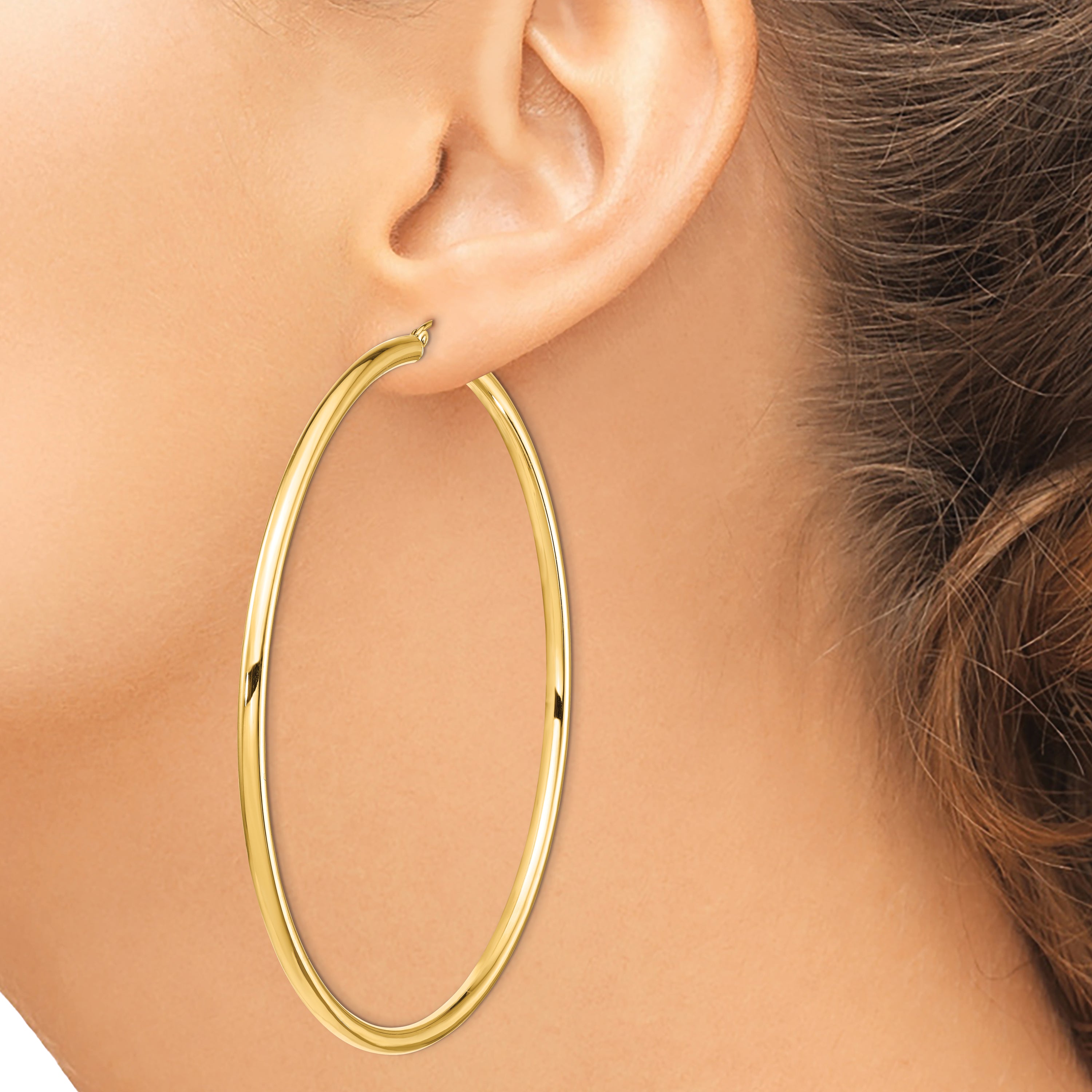 14k Polished 3x80mm Round Tube Hoop Earrings