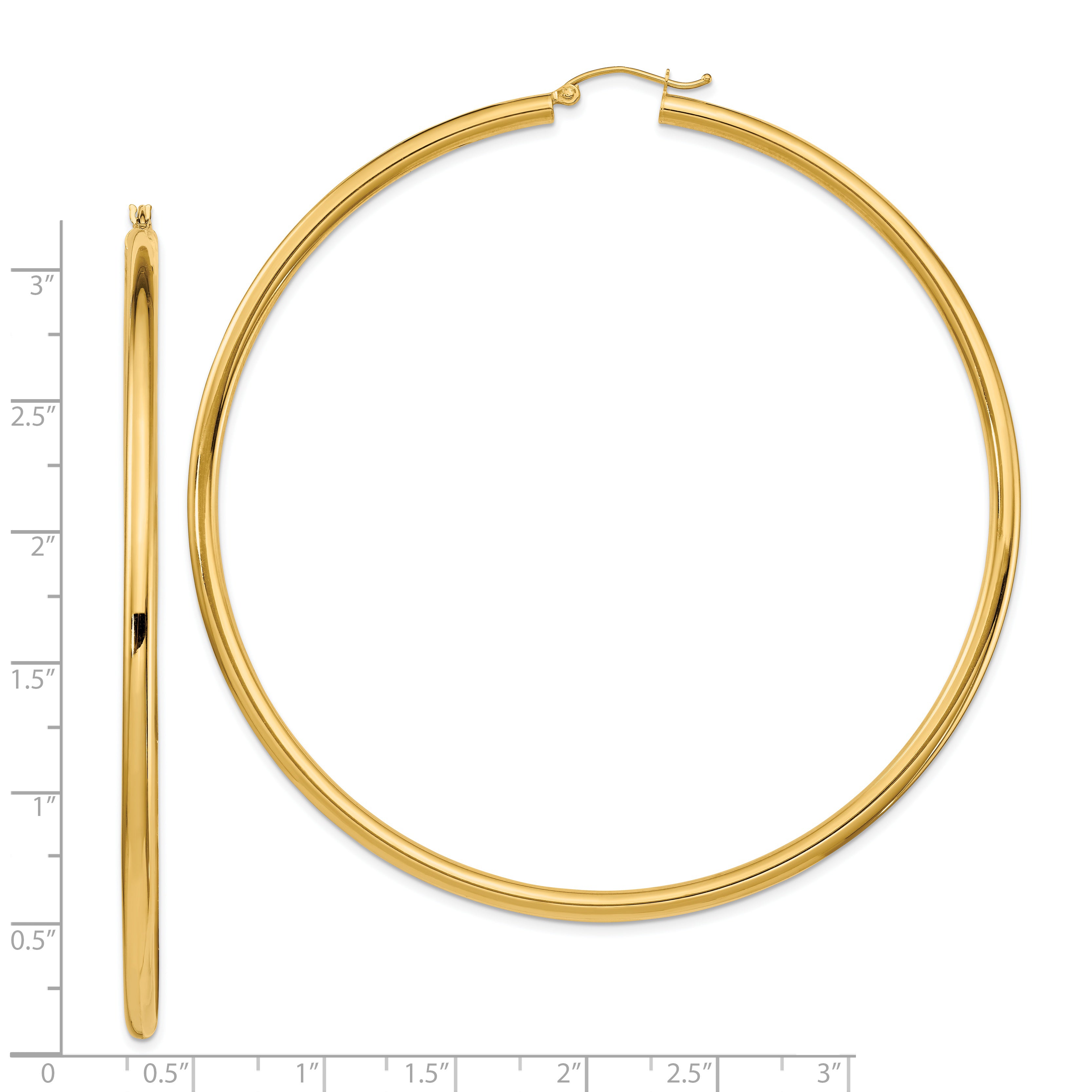 14k Polished 3x80mm Lightweight Round Tube Hoop Earrings