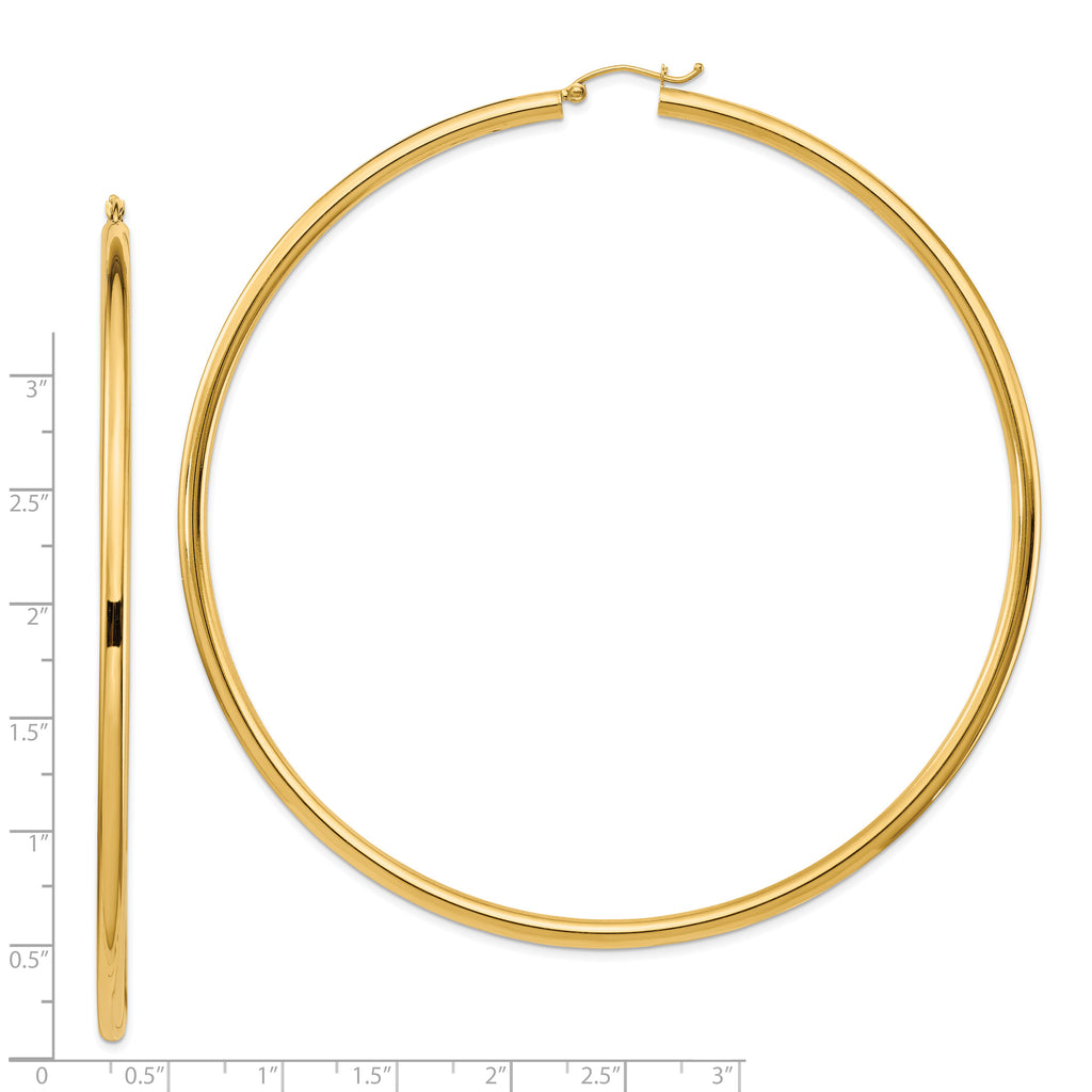 14k Polished 3x90mm Round Tube Hoop Earrings