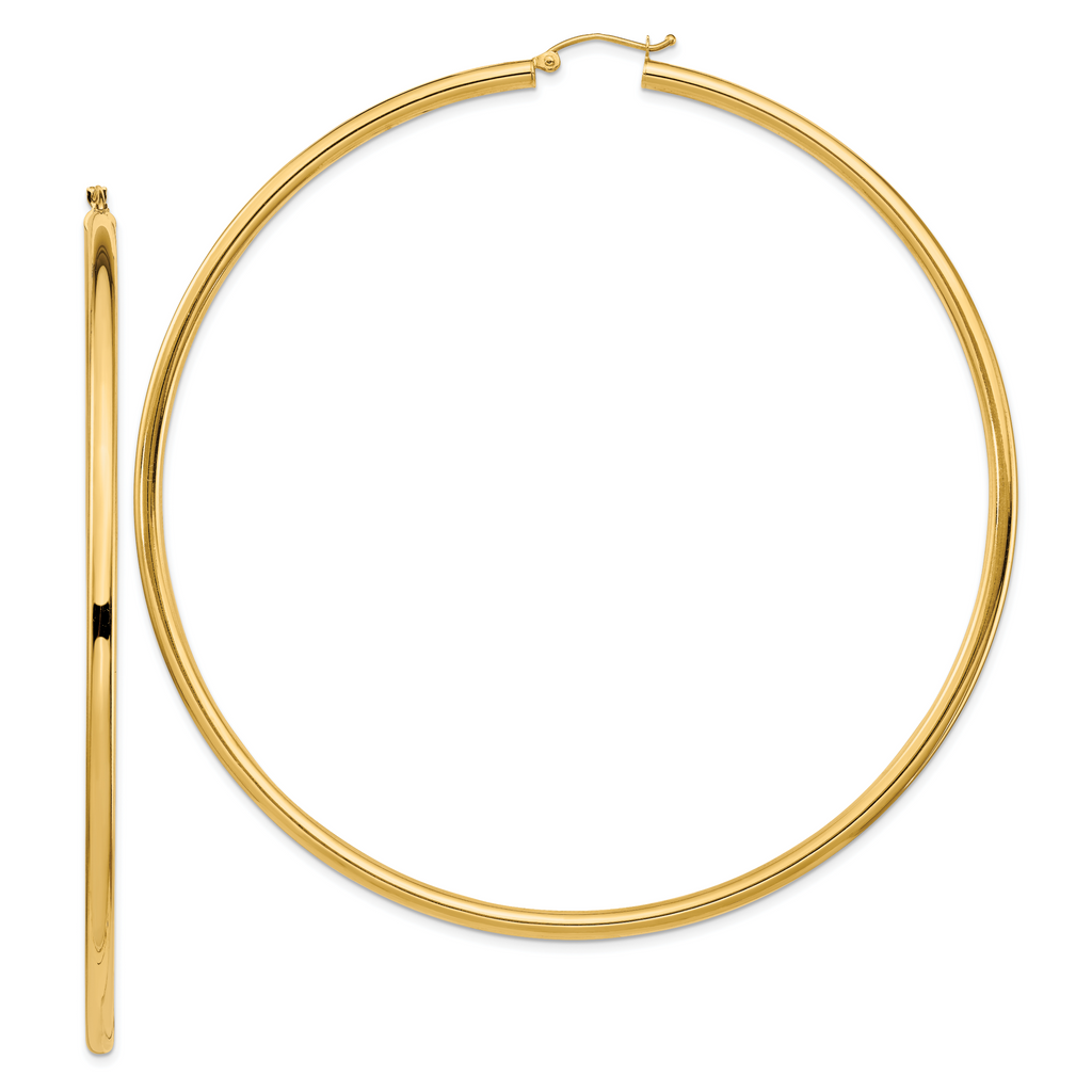 14k Polished 3x90mm Lightweight Round Tube Hoop Earrings