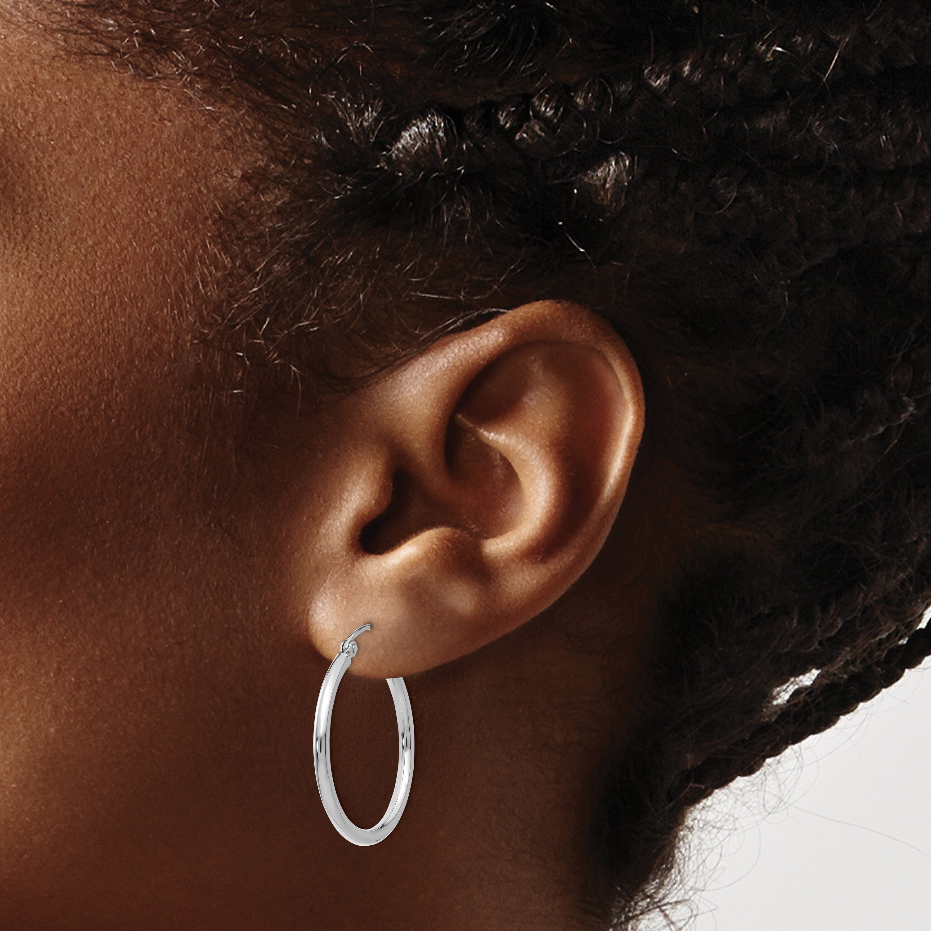14K White Gold Polished Hoop Earrings with Rhodium Finish