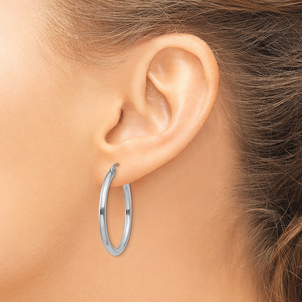 14K White Gold Polished Hoop Earrings Elegant Rhodium-Plated