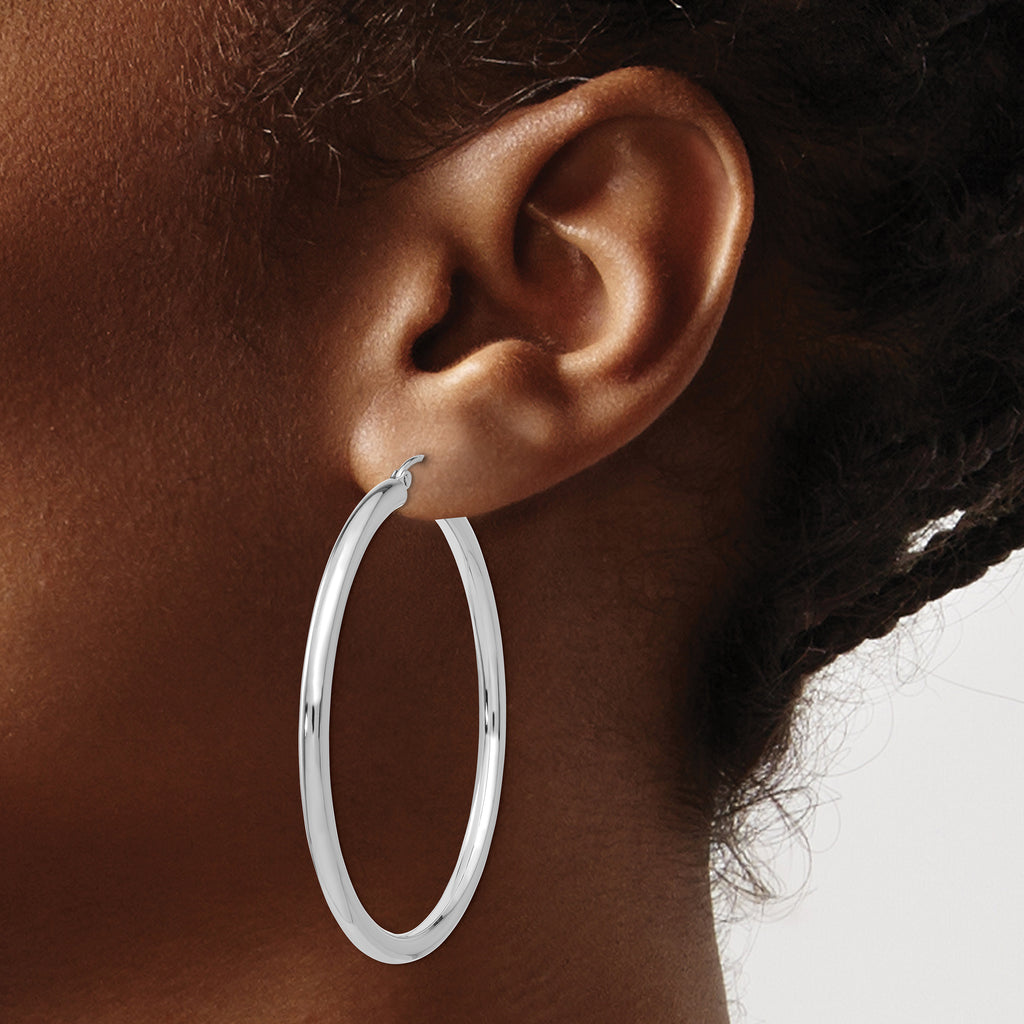 14K White Gold Polished 3mm Lightweight Tube Hoop Earrings