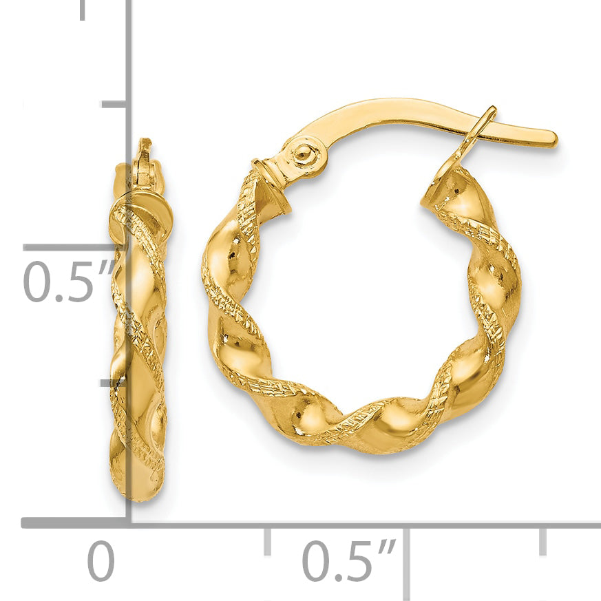 10K Polished and Textured Twisted Hinged Hoop Earrings
