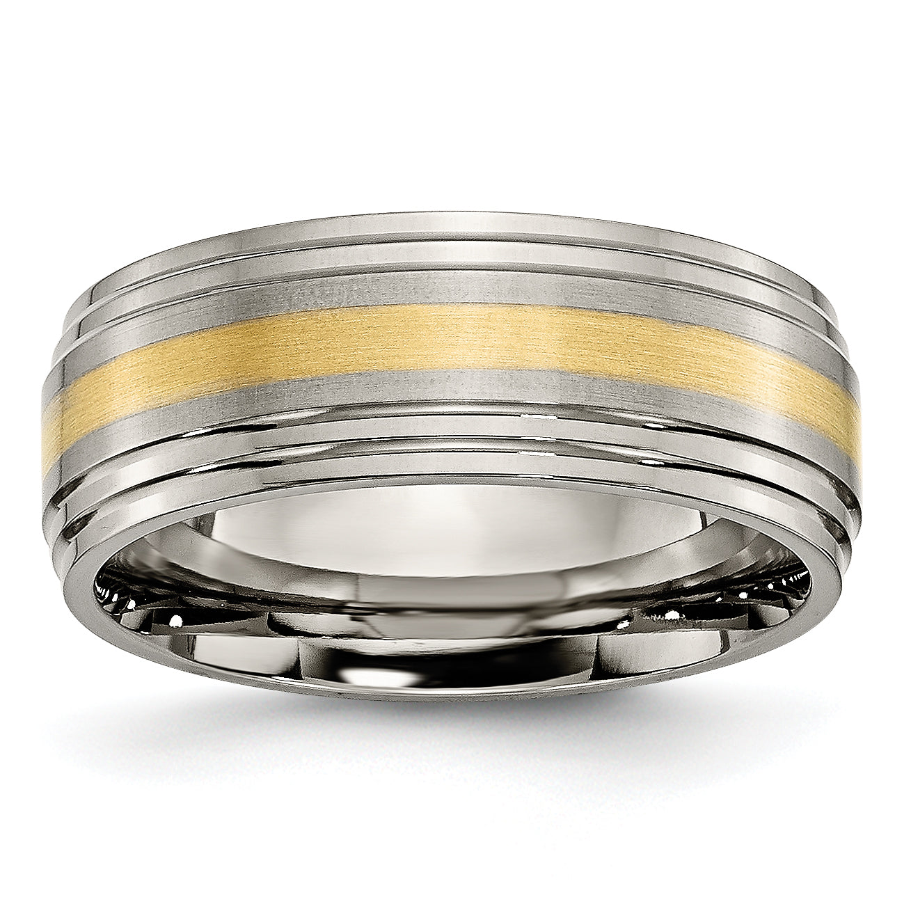 Titanium Brushed Center with 14k Gold Inlay 8mm Ridged Edge Band Main image