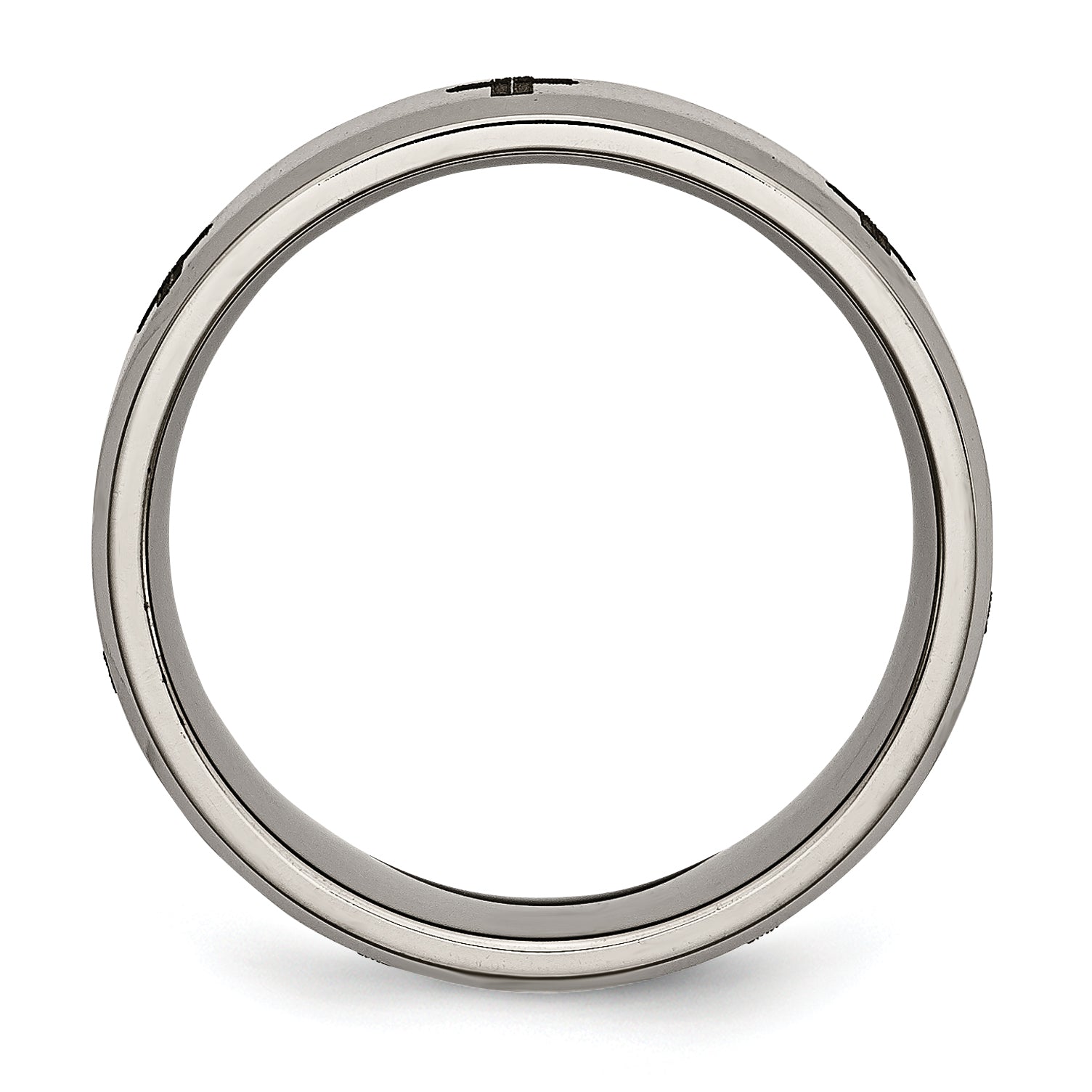 Titanium Wedding Band with Laser Cross Design and Beveled Edge