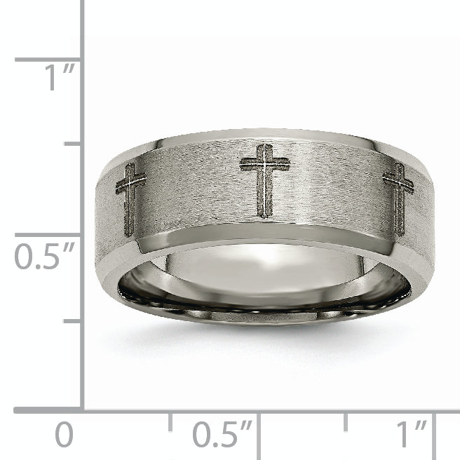 Titanium Wedding Band with Laser Cross Design and Beveled Edge