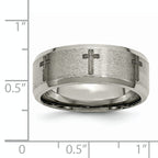 Titanium Wedding Band with Laser Cross Design and Beveled Edge