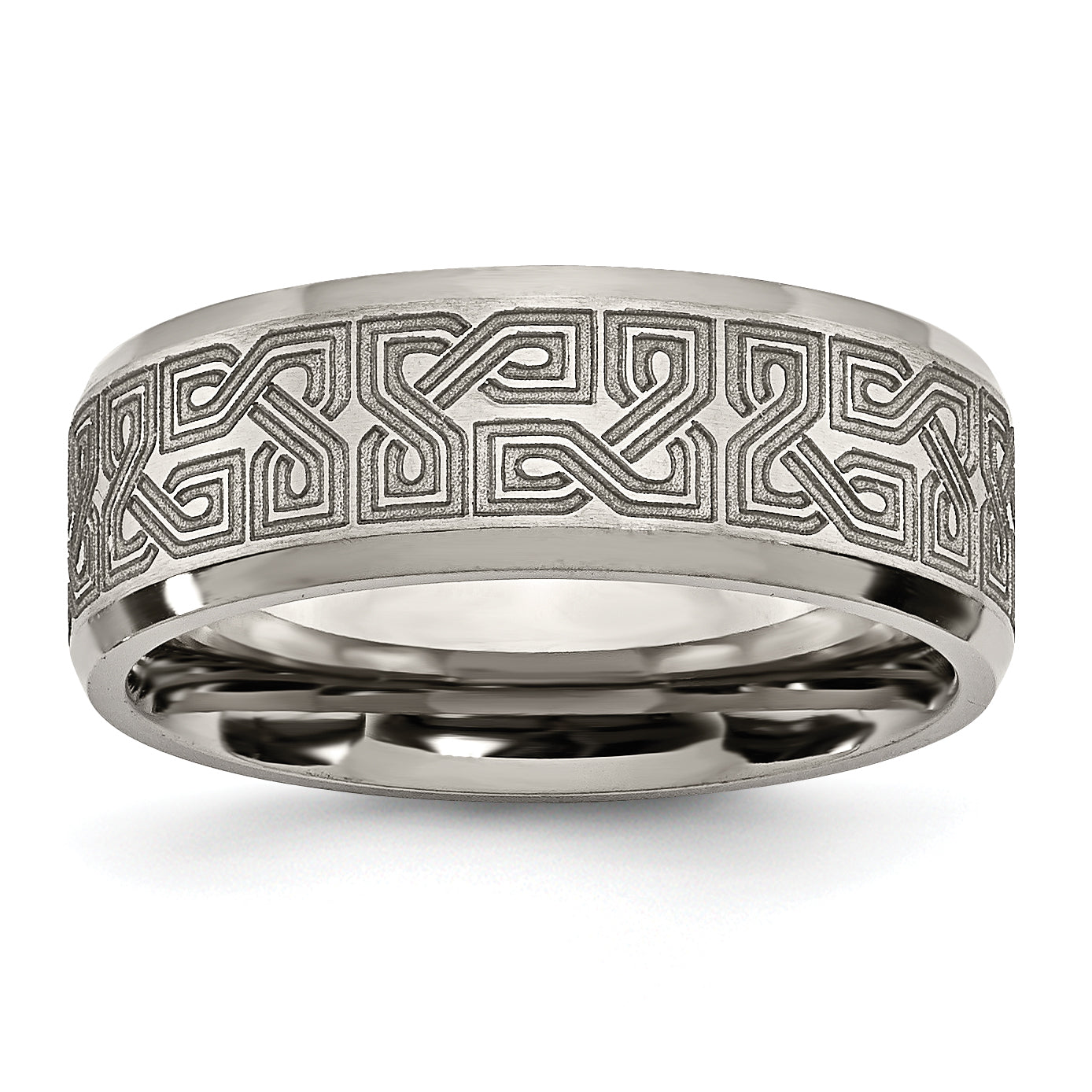 Titanium Brushed and Polished Greek Key Laser Design 8mm Beveled Band Main image