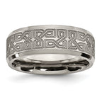 Titanium Brushed and Polished Greek Key Laser Design 8mm Beveled Band