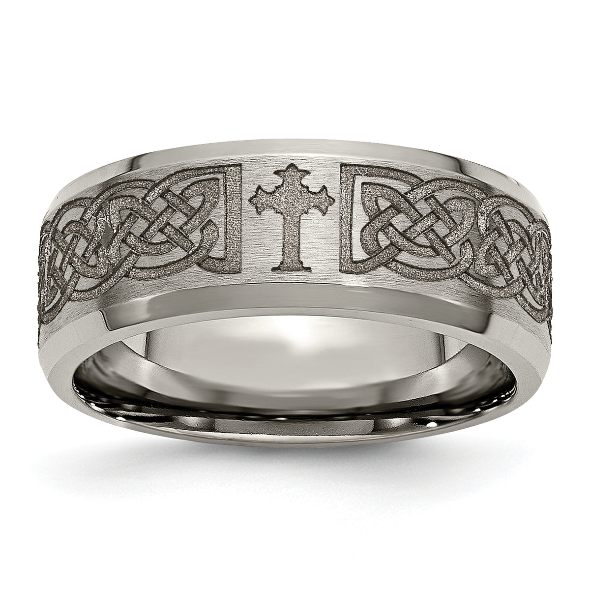 Titanium Brushed and Polished Cross Laser Design 8mm Beveled Edge Band