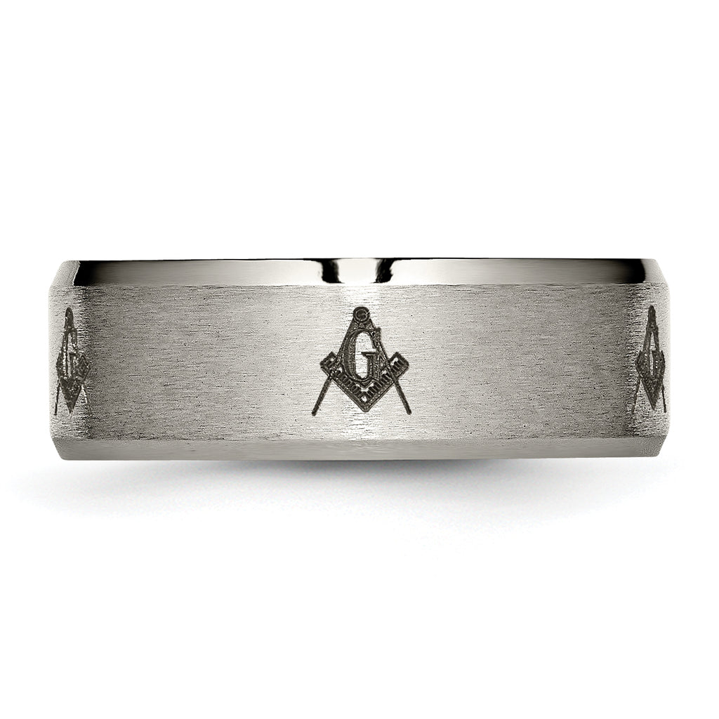 Titanium Masonic Wedding Band with Polished Laser Design Unisex 8mm Elegant Beveled Edge