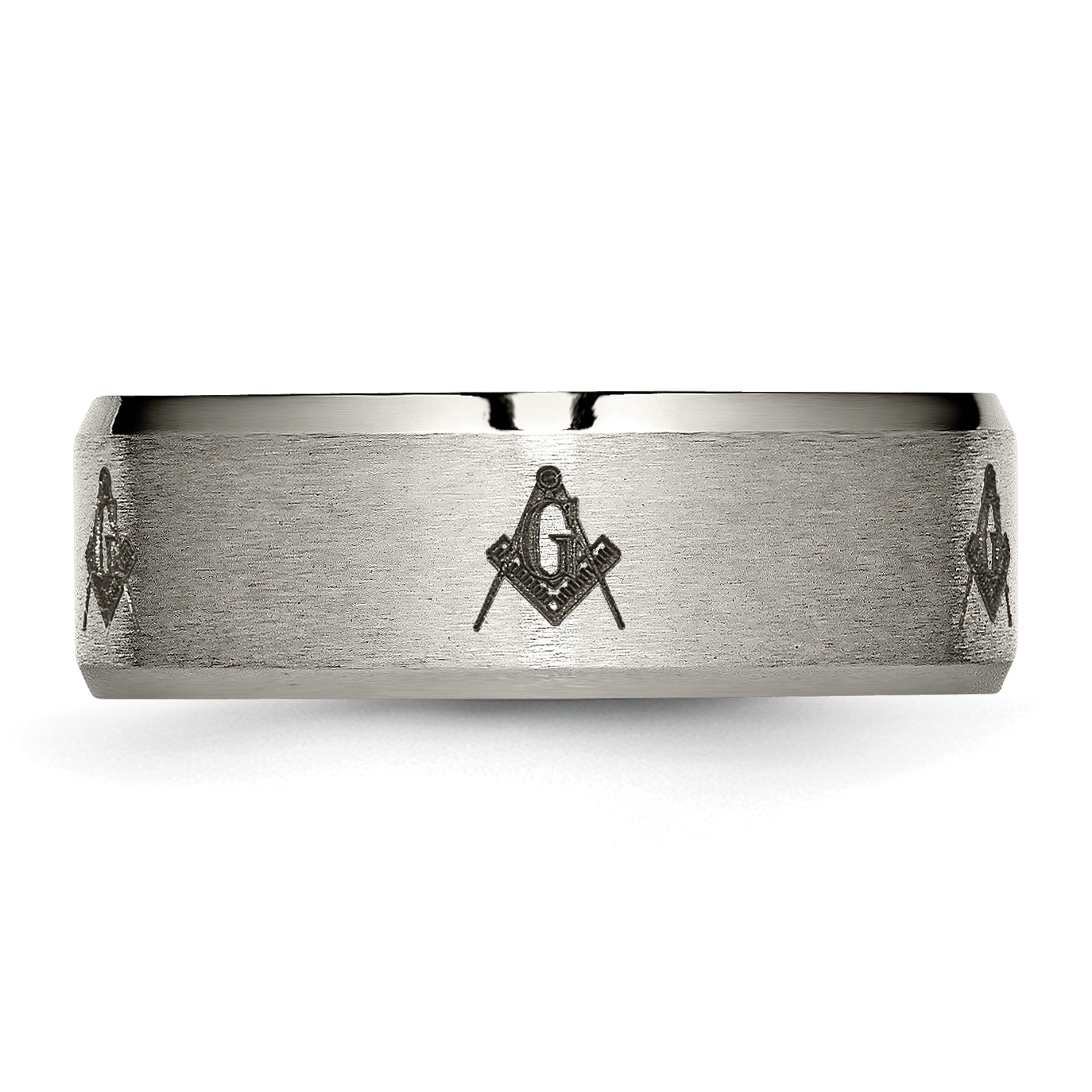 Titanium Masonic Wedding Band with Polished Laser Design Unisex 8mm Elegant Beveled Edge