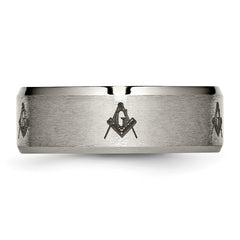 Titanium Masonic Wedding Band with Polished Laser Design Unisex 8mm Elegant Beveled Edge