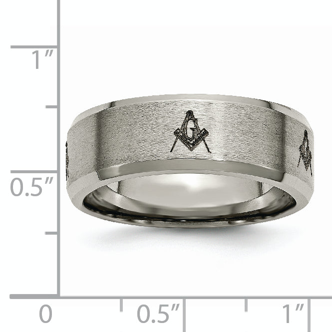 Titanium Brushed and Polished Masonic Laser Design 8mm Beveled Edge Band