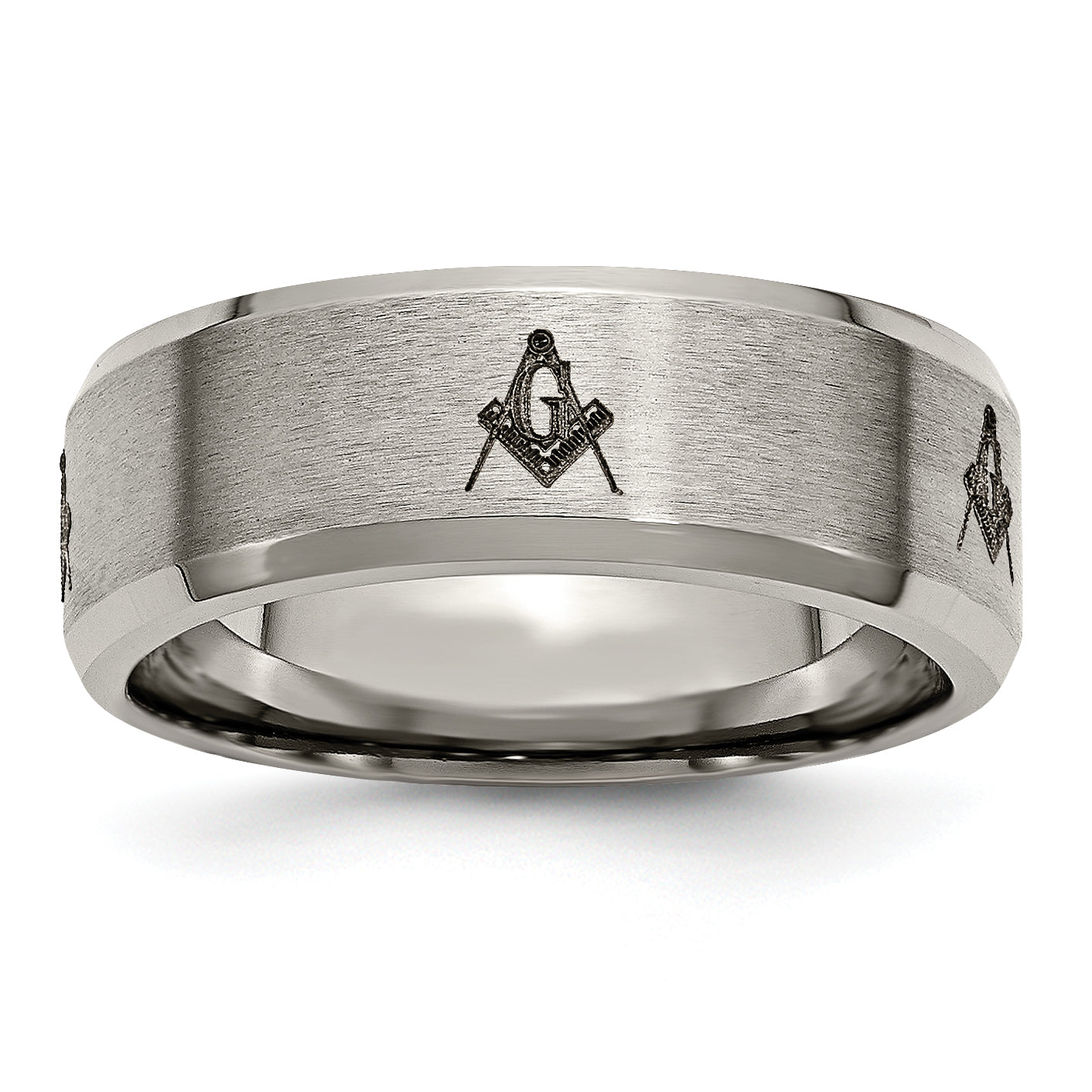 Titanium Brushed and Polished Masonic Laser Design 8mm Beveled Edge Band Main image