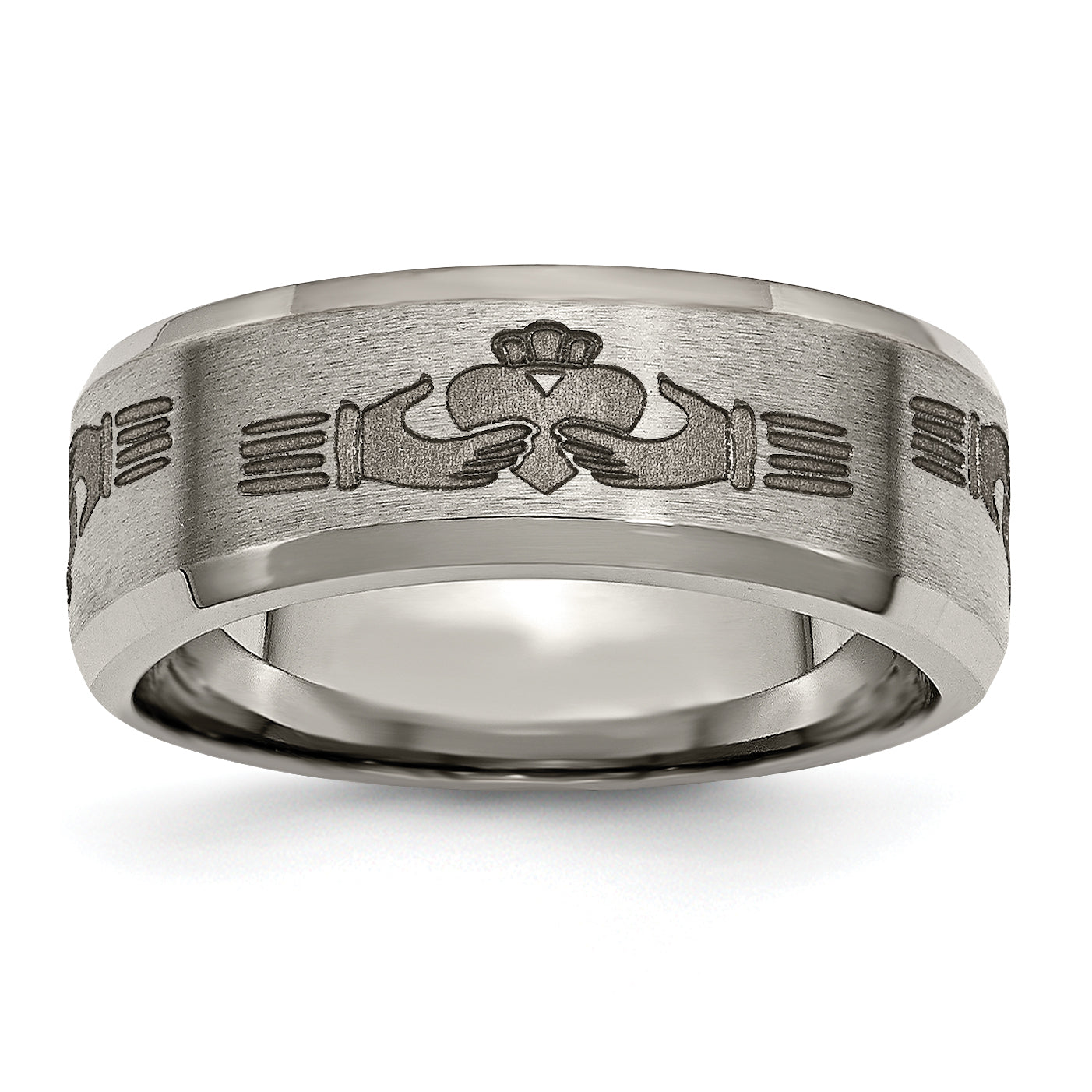 Titanium Brushed and Polished Claddagh Laser Design 8mm Beveled Edge Band Main image