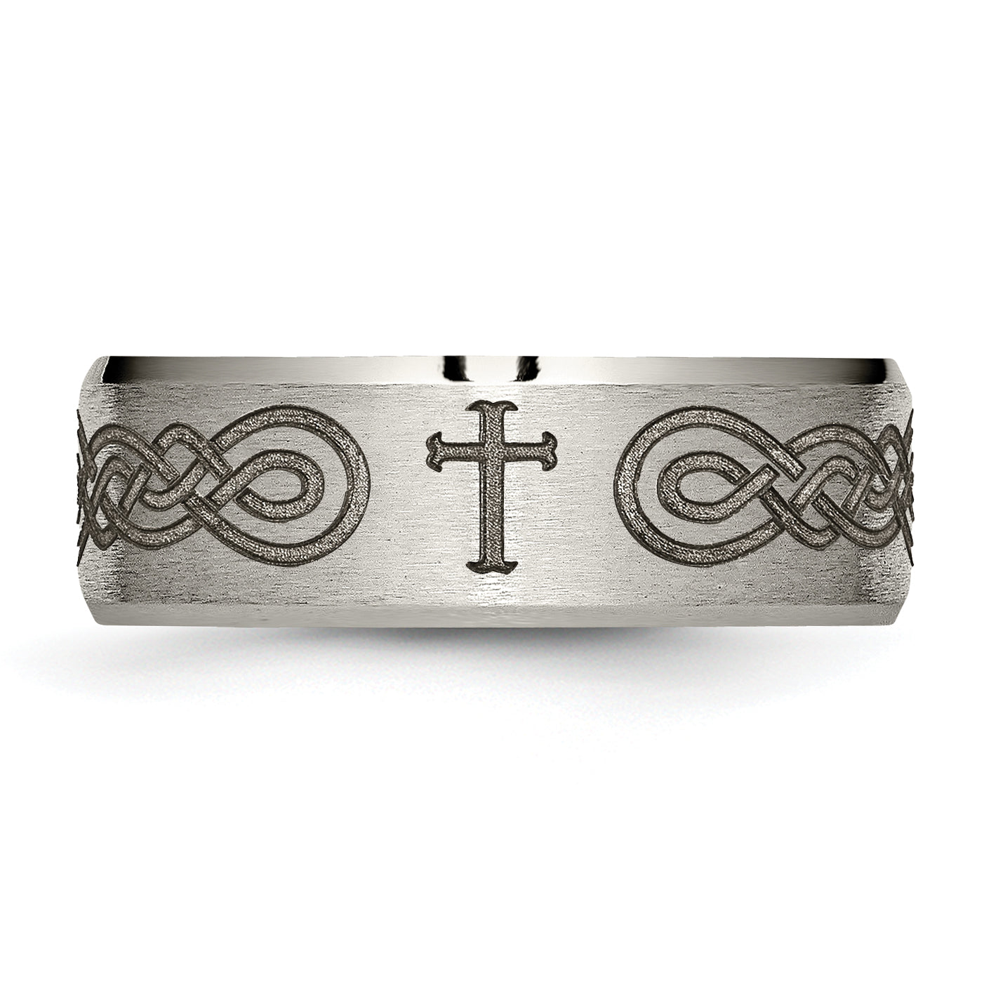 Titanium Wedding Band with Cross Laser Design and Polished Finish