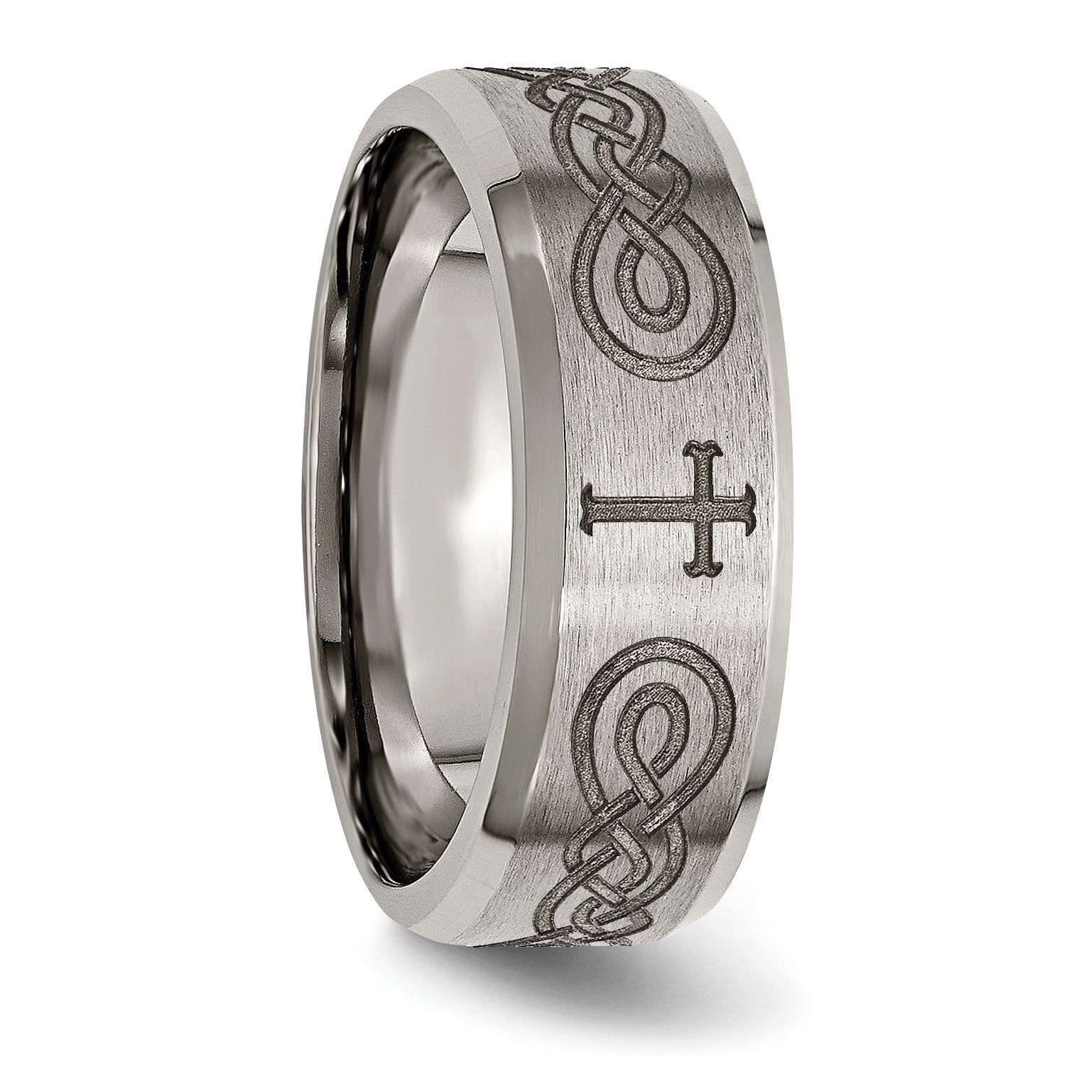 Titanium Wedding Band with Cross Laser Design and Polished Finish