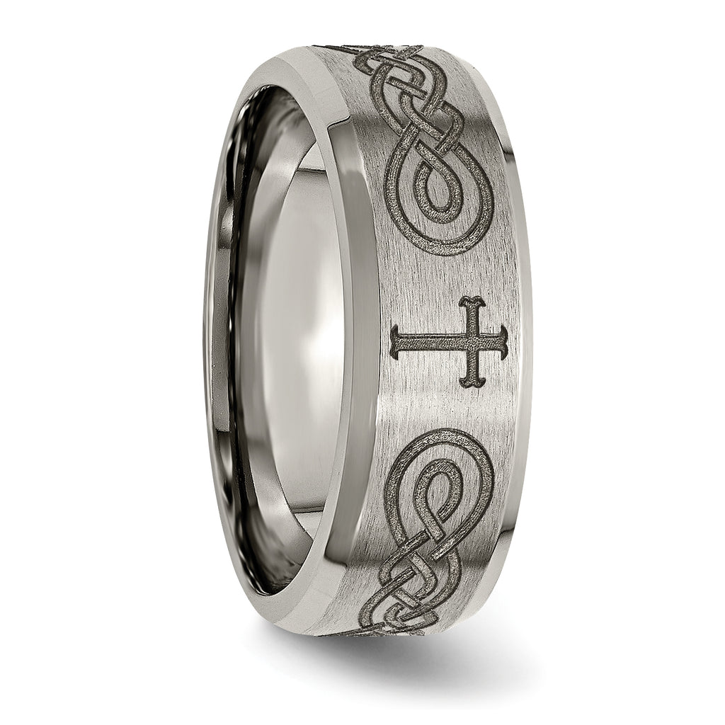 Titanium Wedding Band with Cross Laser Design and Polished Finish