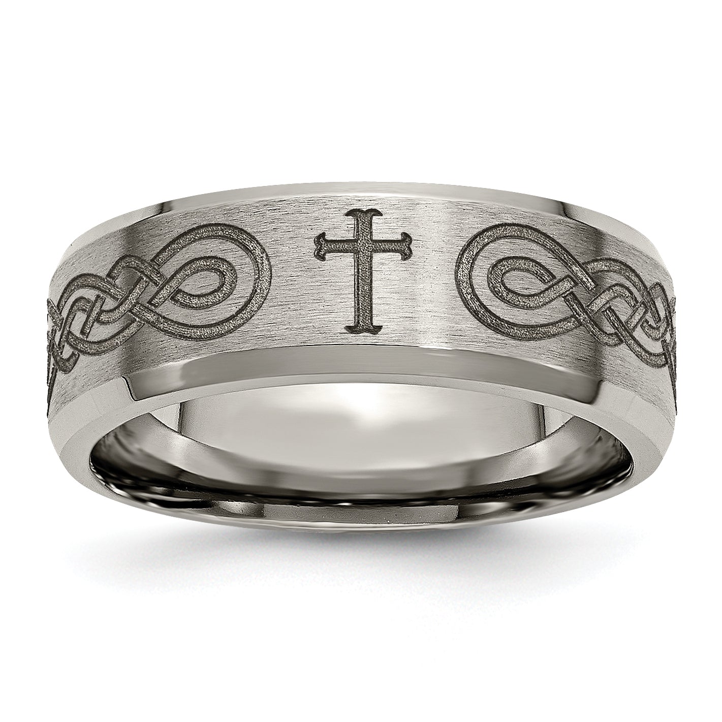 Titanium Brushed and Polished Cross Laser Design 8mm Beveled Edge Band Main image