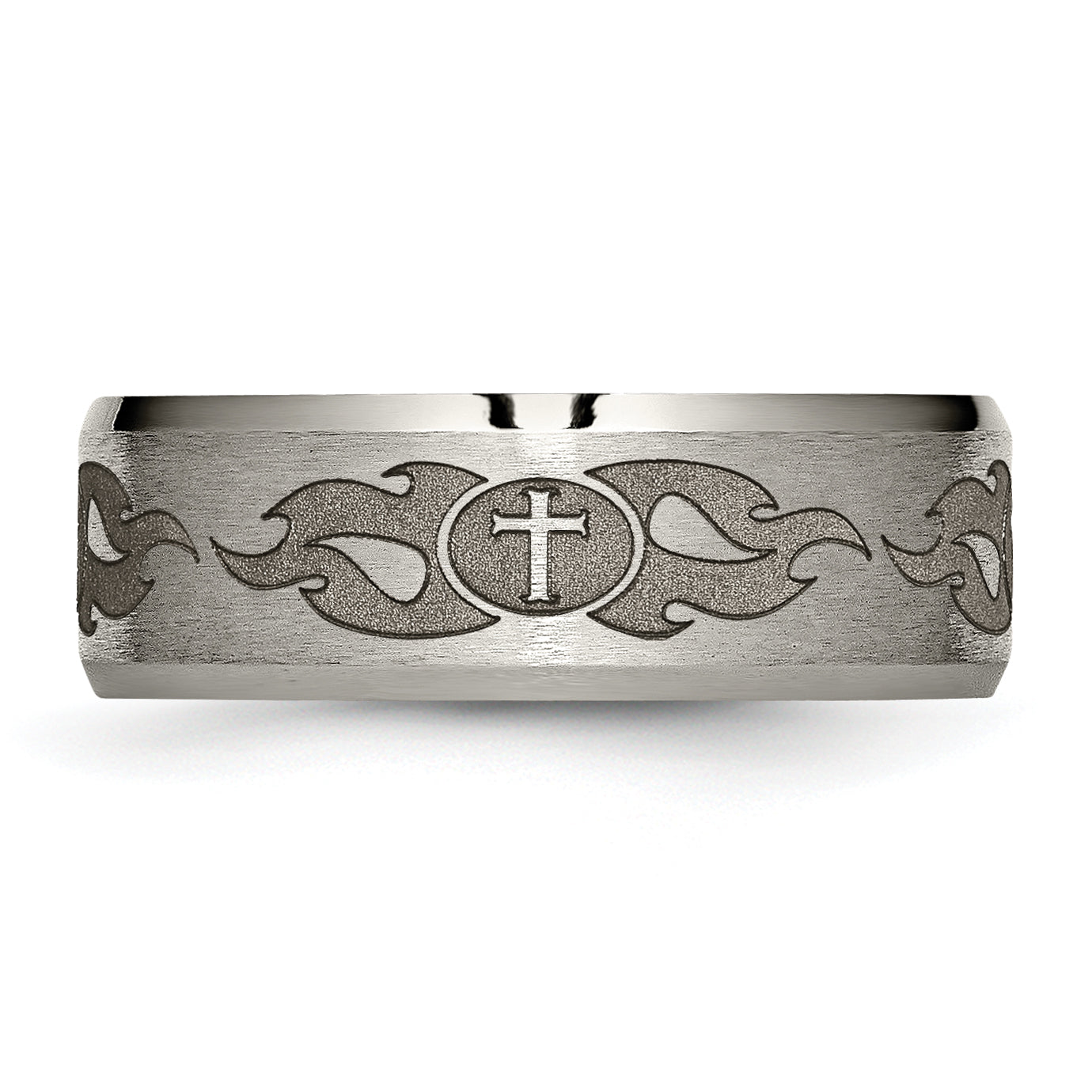 Titanium Wedding Band with Laser Cross Design and Beveled Edge