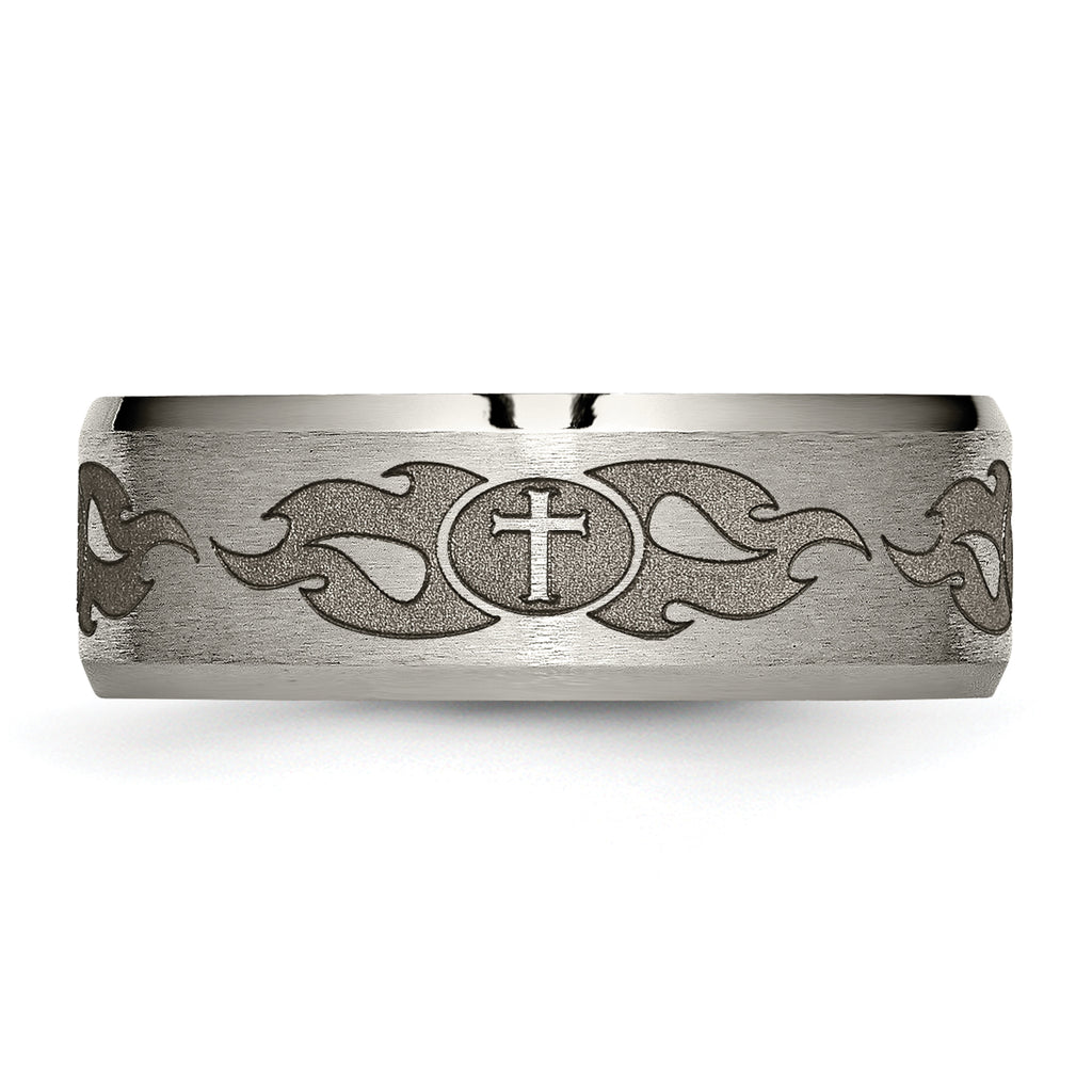 Titanium Wedding Band with Laser Cross Design and Beveled Edge