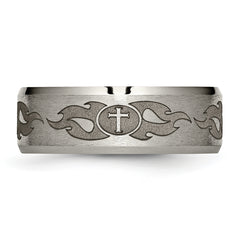 Titanium Wedding Band with Laser Cross Design and Beveled Edge